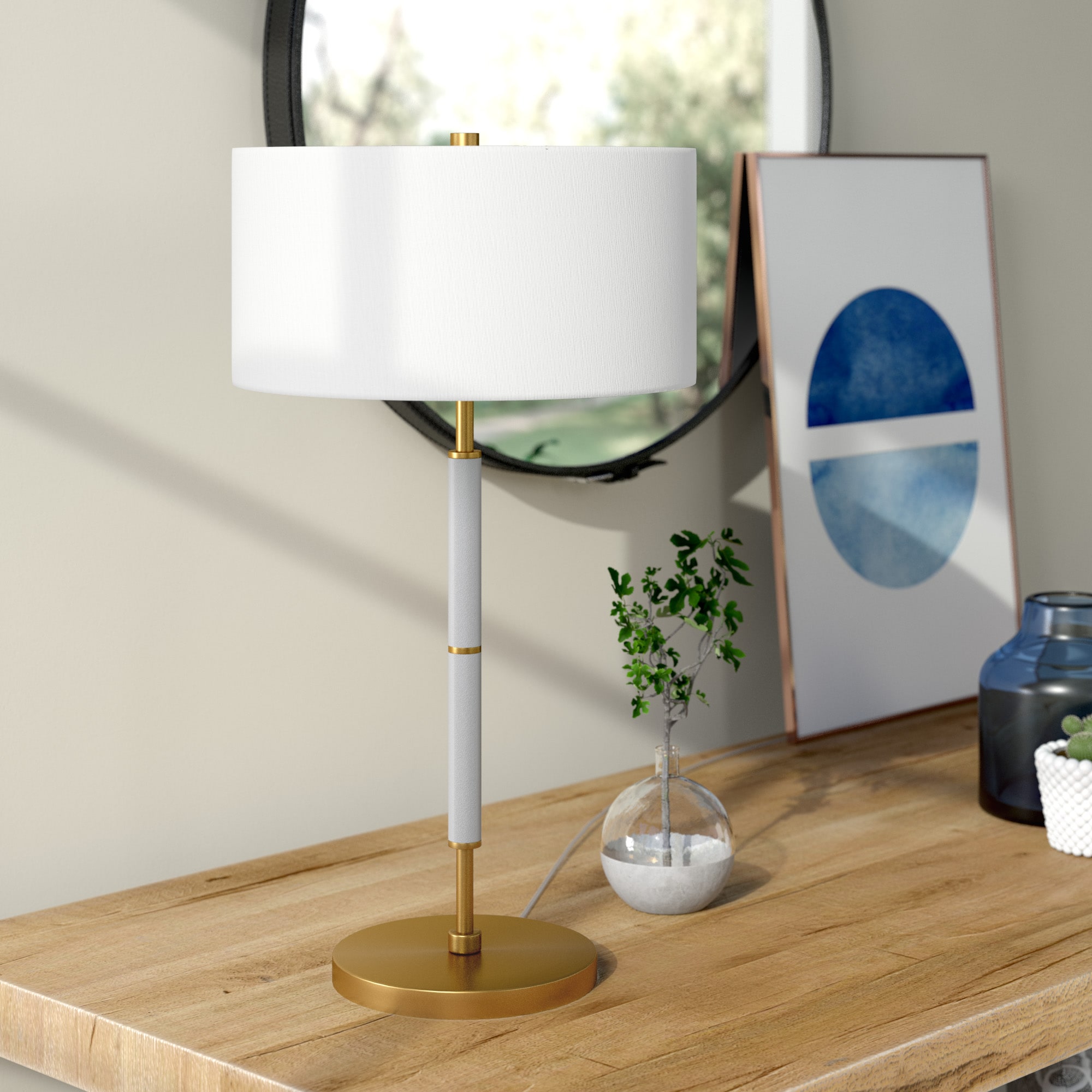 Hailey Home TL0535 Simone 25-in Gray Brass On/Off switch Table Lamp with Linen Shade