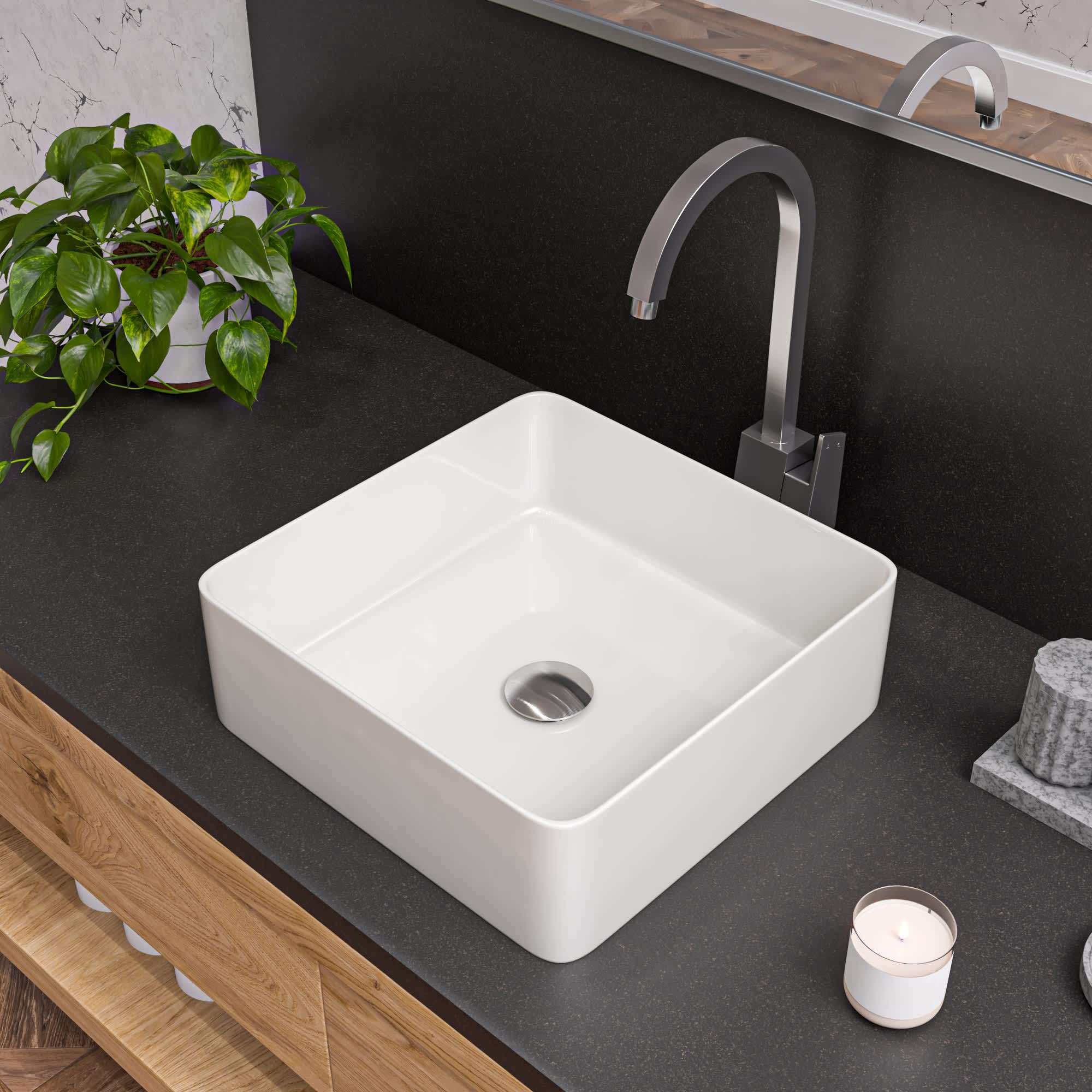 ALFI ABC903-W ABC903-W White 16-in Modern Square Above Mount Ceramic Sink