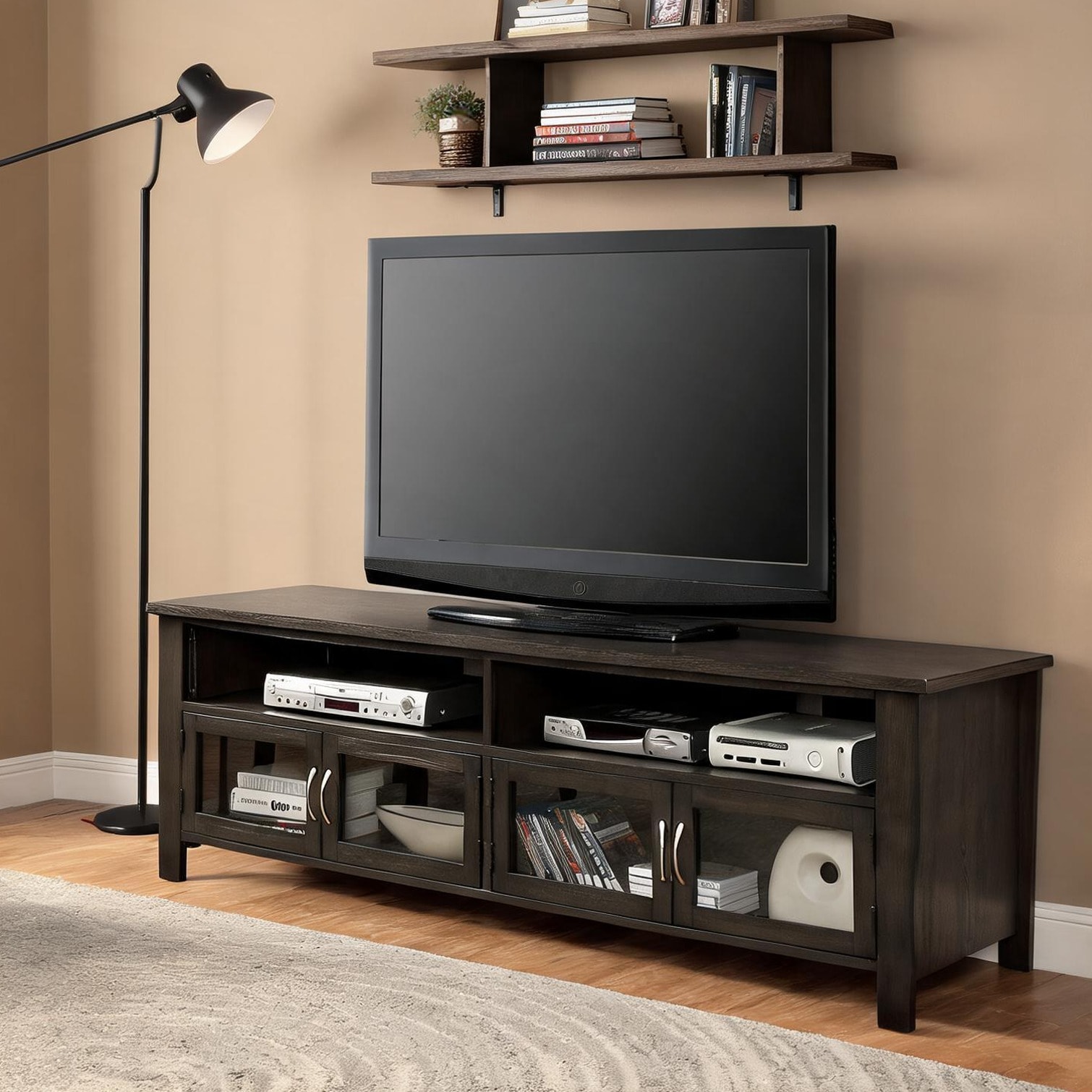 Naturefalls Transitional TV Console with Dual Cabinets and Open Shelves ...
