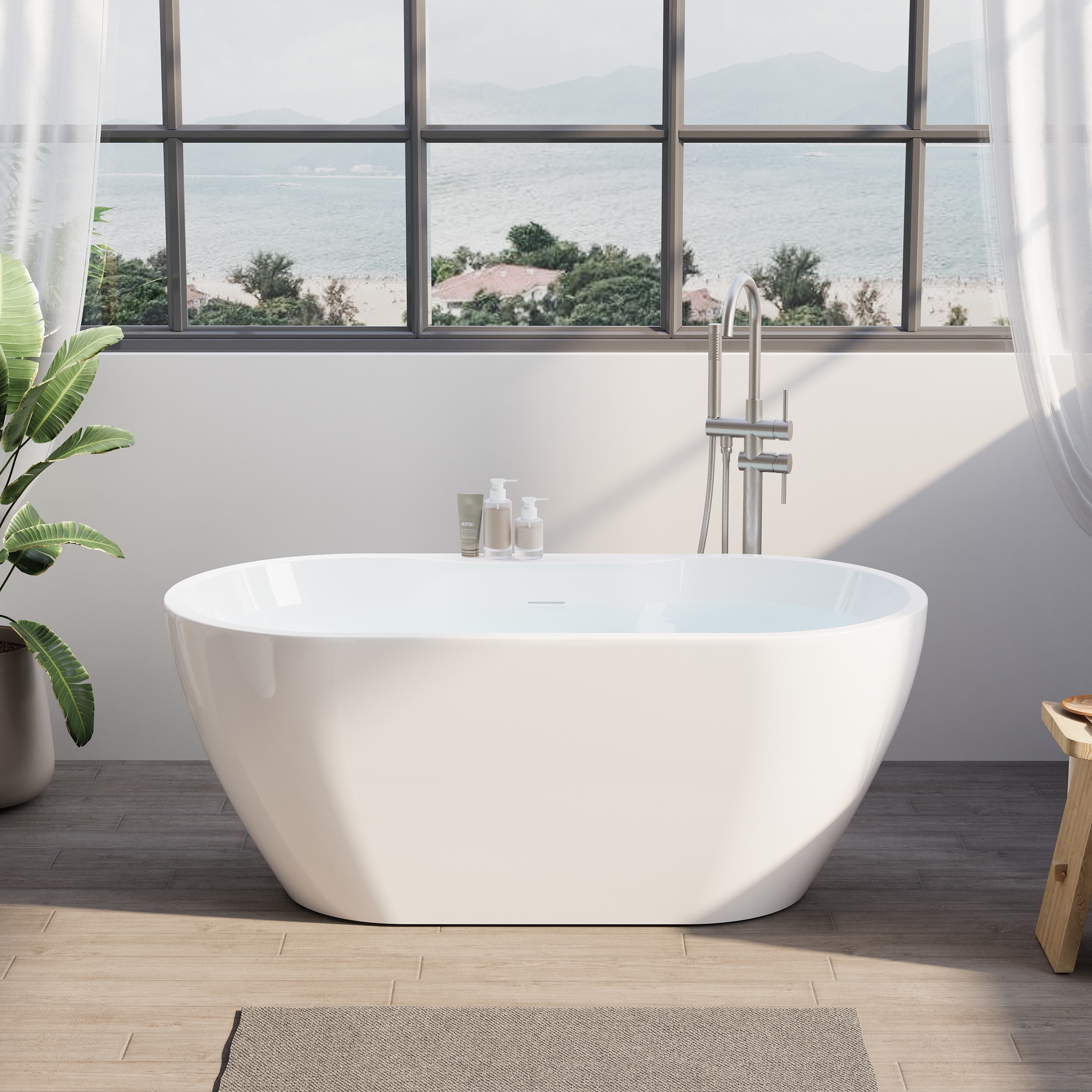 WELLFOR - BM Soaking Tub 29.5-in x 57-in White Acrylic Oval Freestanding Soaking Bathtub with Dra...