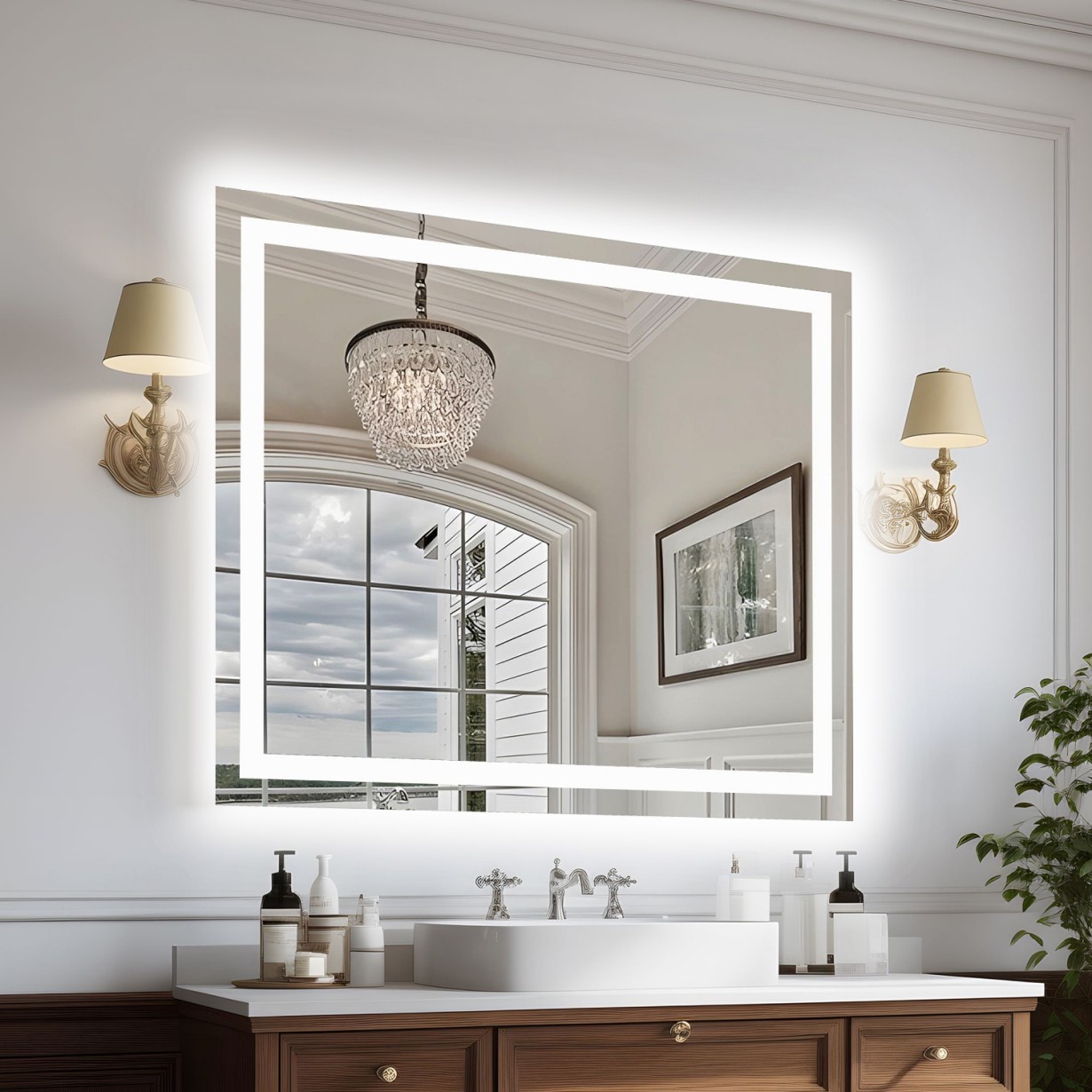 Iseryn 48-in x 40-in Polished Frameless Rectangle Dimmable LED Lighted Fog Free Bathroom Vanity Mirror ( Silver )