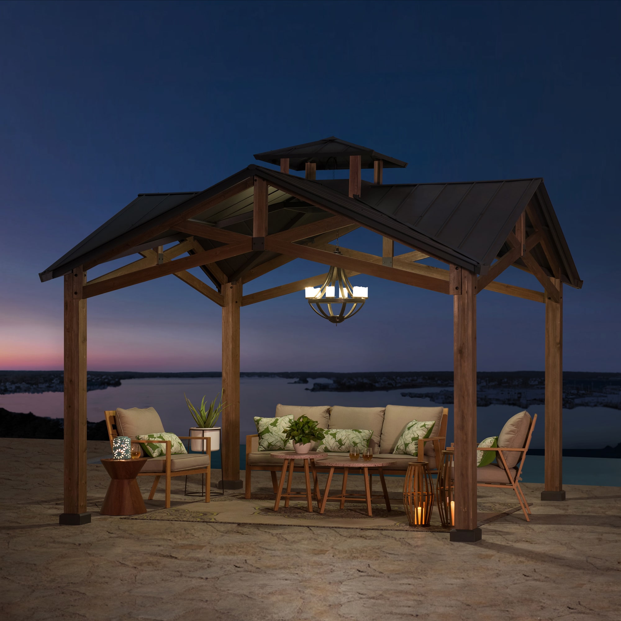 Sunjoy 12.5 ft Cedar Frame Gazebo with Black Steel Roof