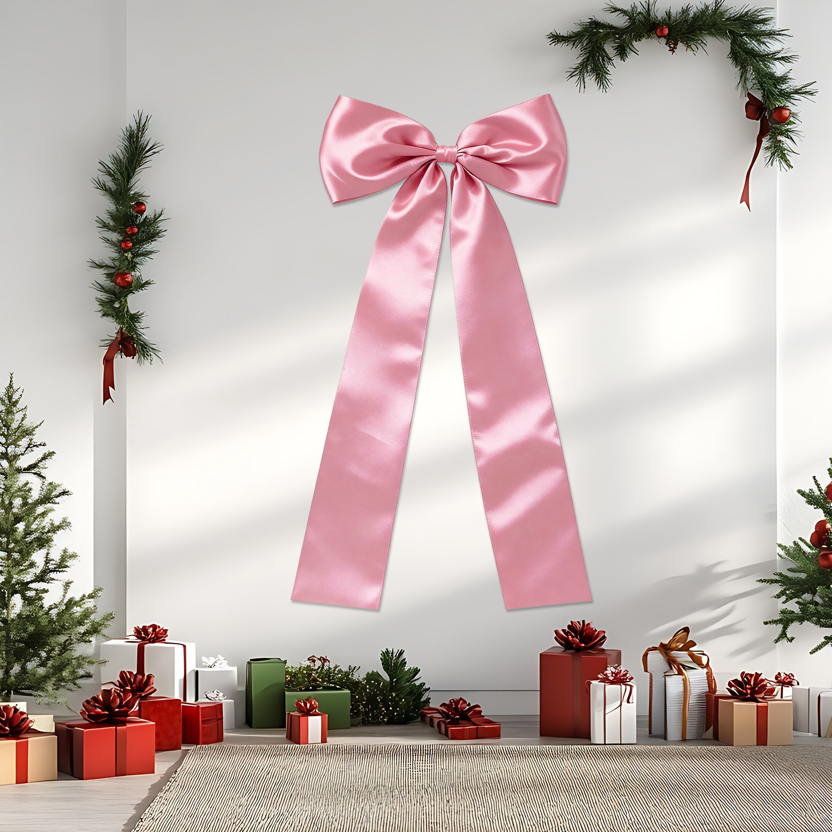 IdealHouse Satin Christmas Tree Topper Bow (23.6 x 63 in) Large Festive Xmas Tree Bow Elegant Holiday Ribbon Topper for Home Mantel or Party Christmas Decoration Pink