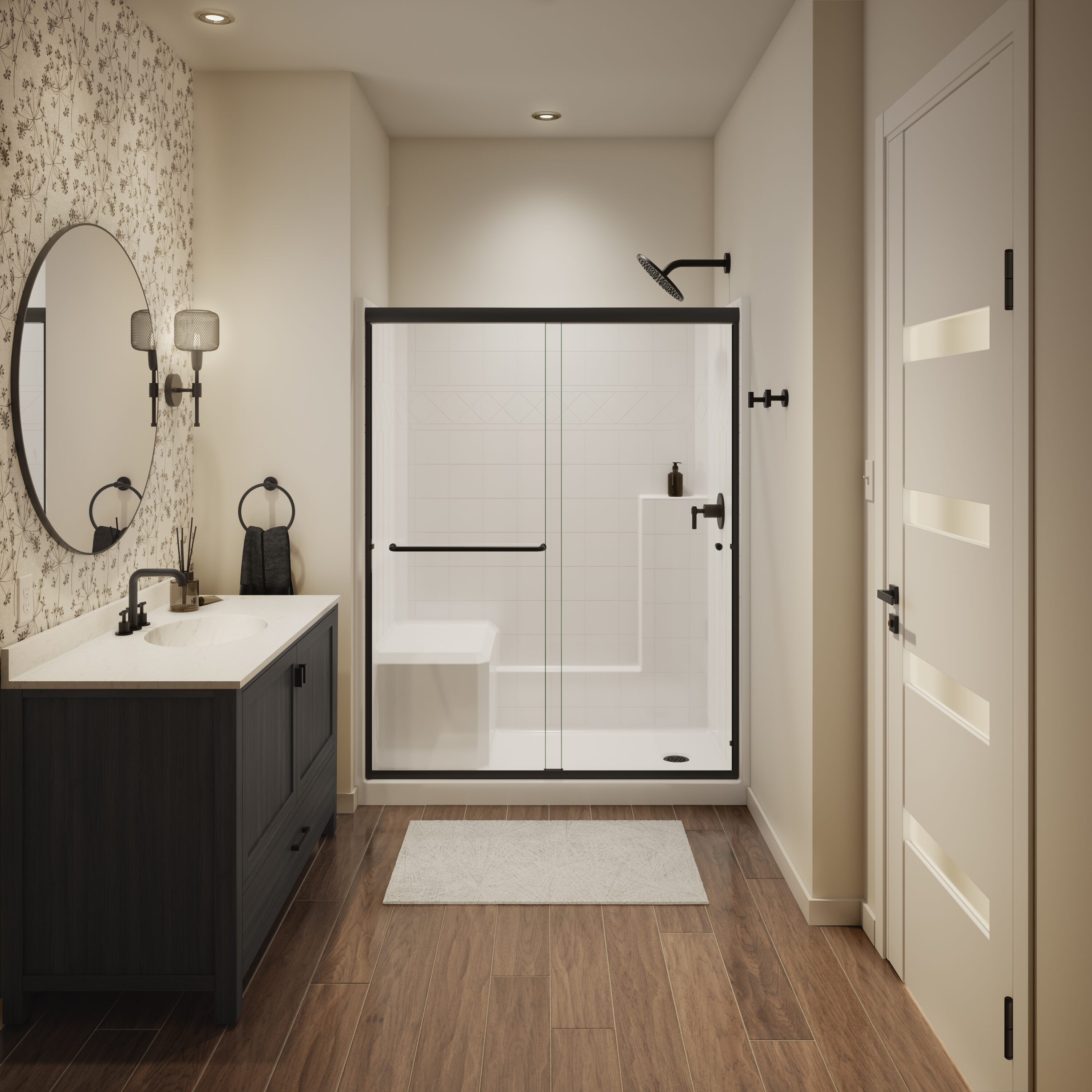 Laurel Mountain LM6036SH1S1PLWM1 Oakton 36-in W x 60-in L x 77-in H Rectangular One-piece shower kit ( Right Drain) with Integrated Seat Base, Wall, Door and Drain Included Black Hardware Included