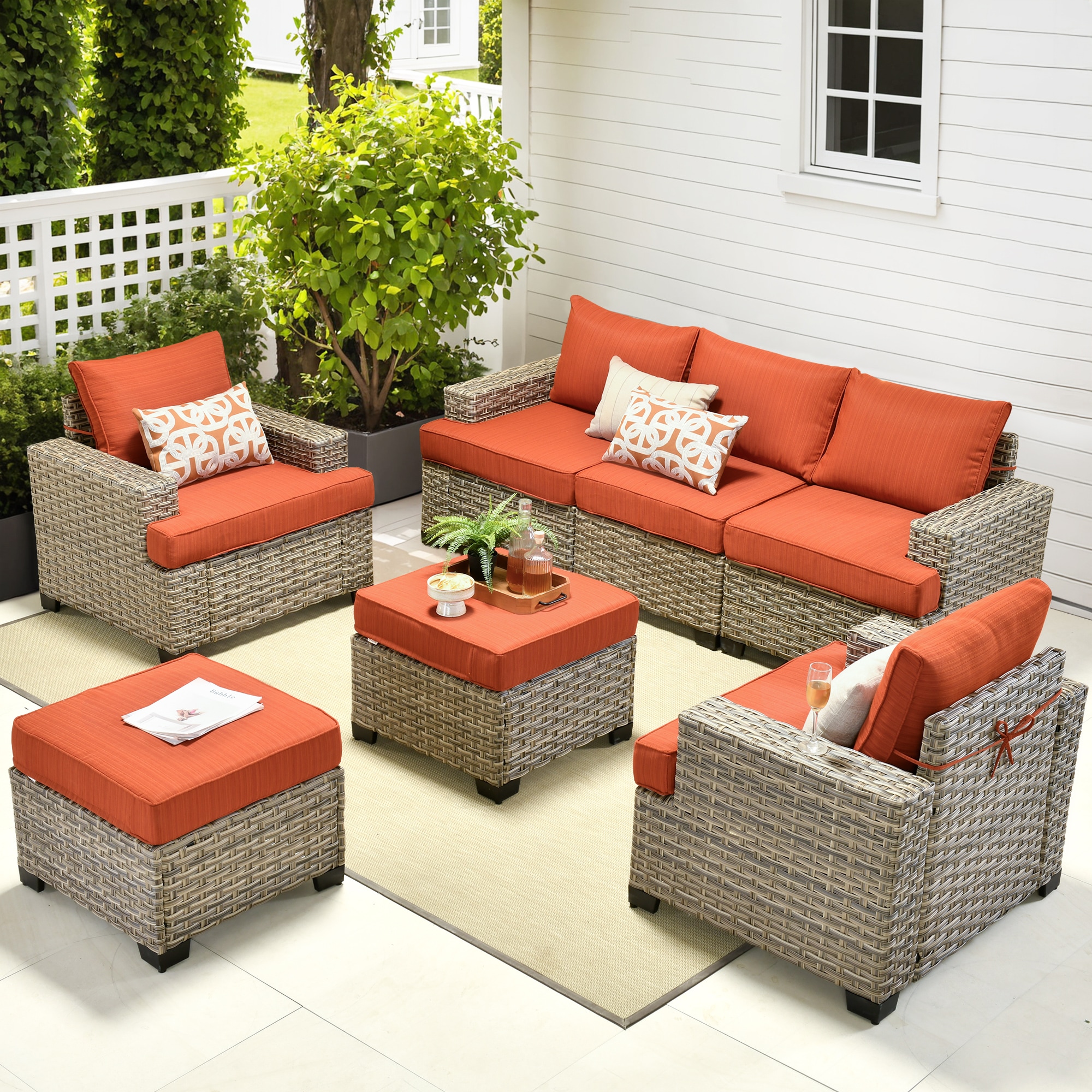 Ovios TS807 7-Piece Wicker Patio Sofa Conversation Set with Orange Cushions
