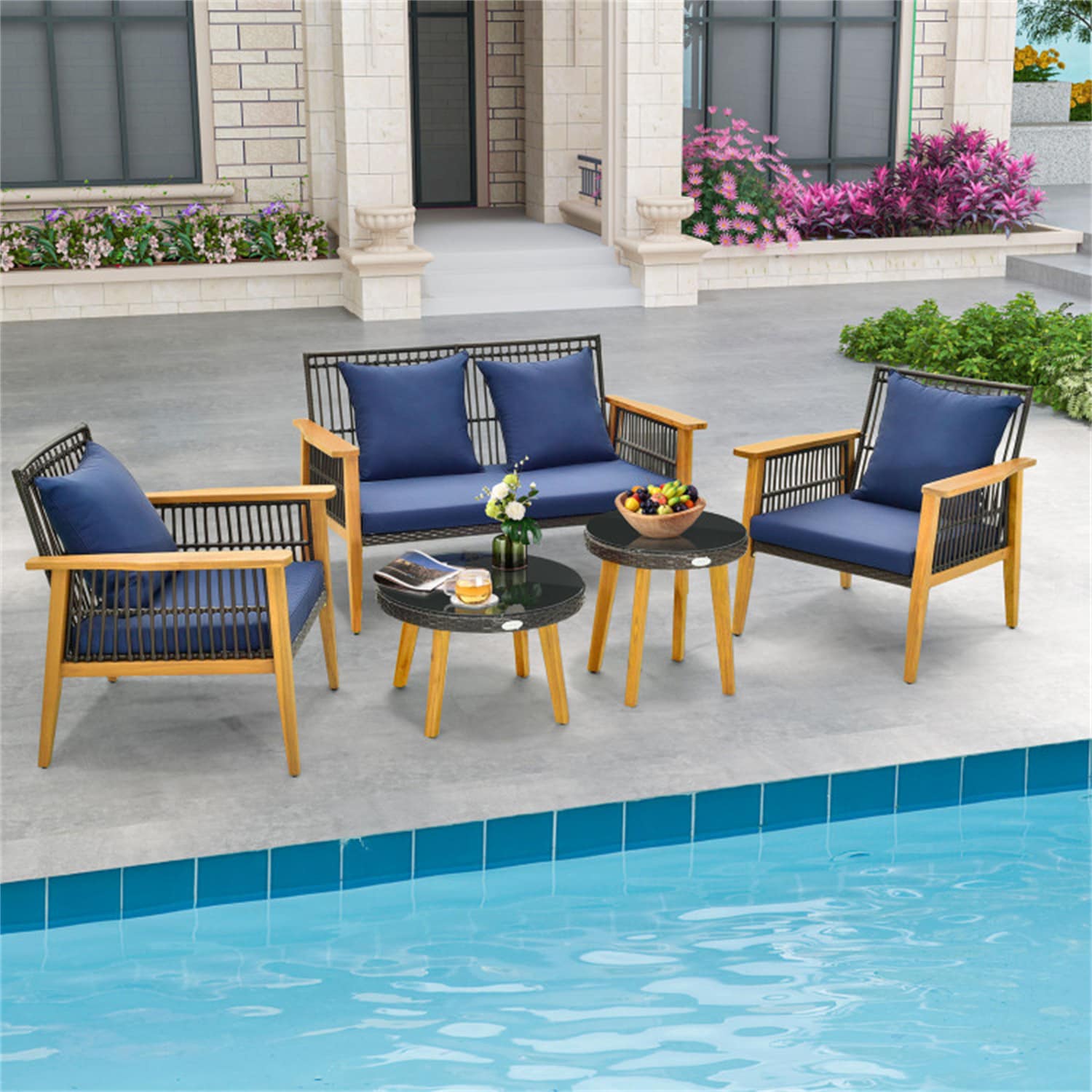 BABOOM BOM-222AAC-OR 5 -Piece Rattan Patio Conversation Set with Blue Cushions