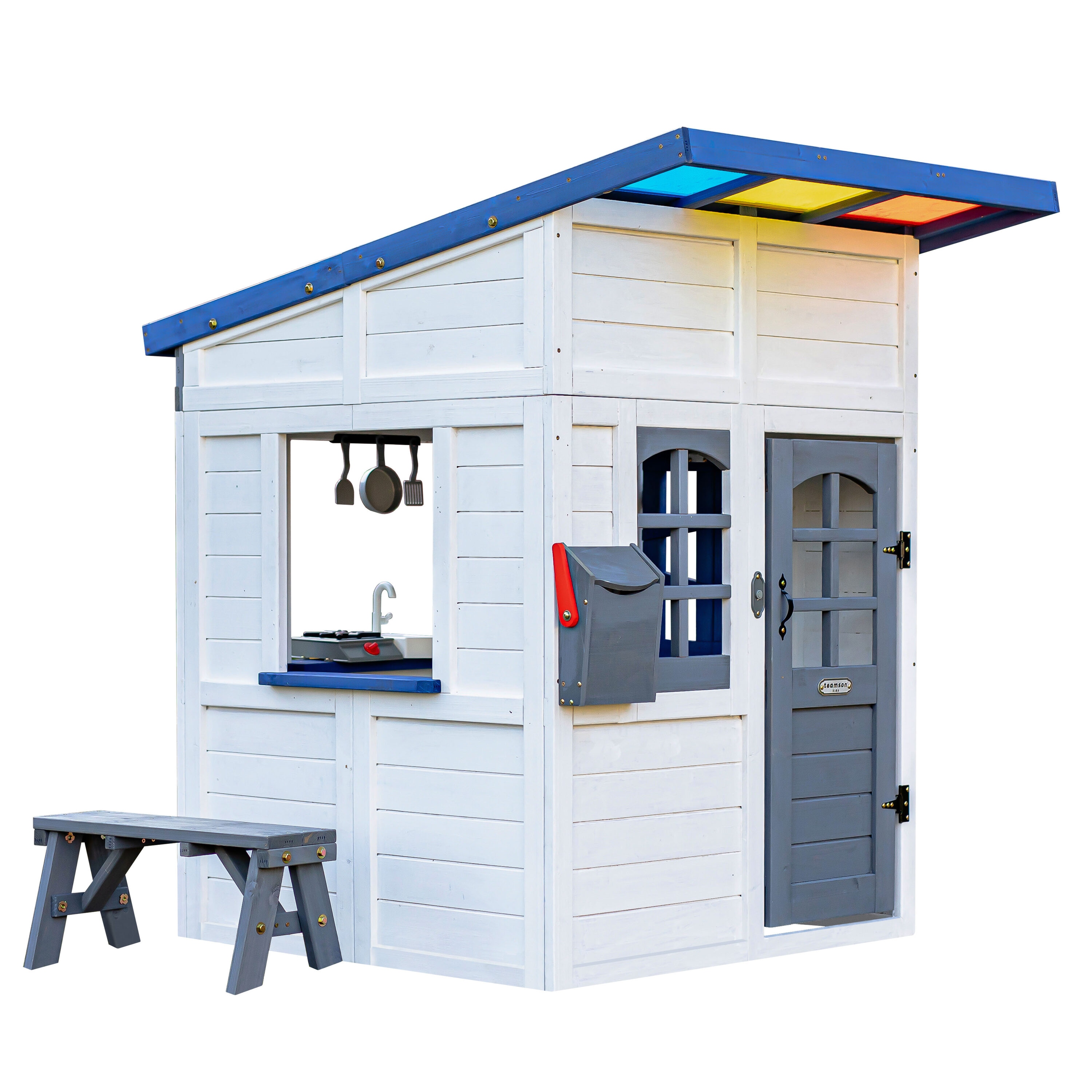 Teamson Kids Rainbow Shade White Interactive Kitchen Included Outdoor Wood Playhouse #T-OD-0062-00A