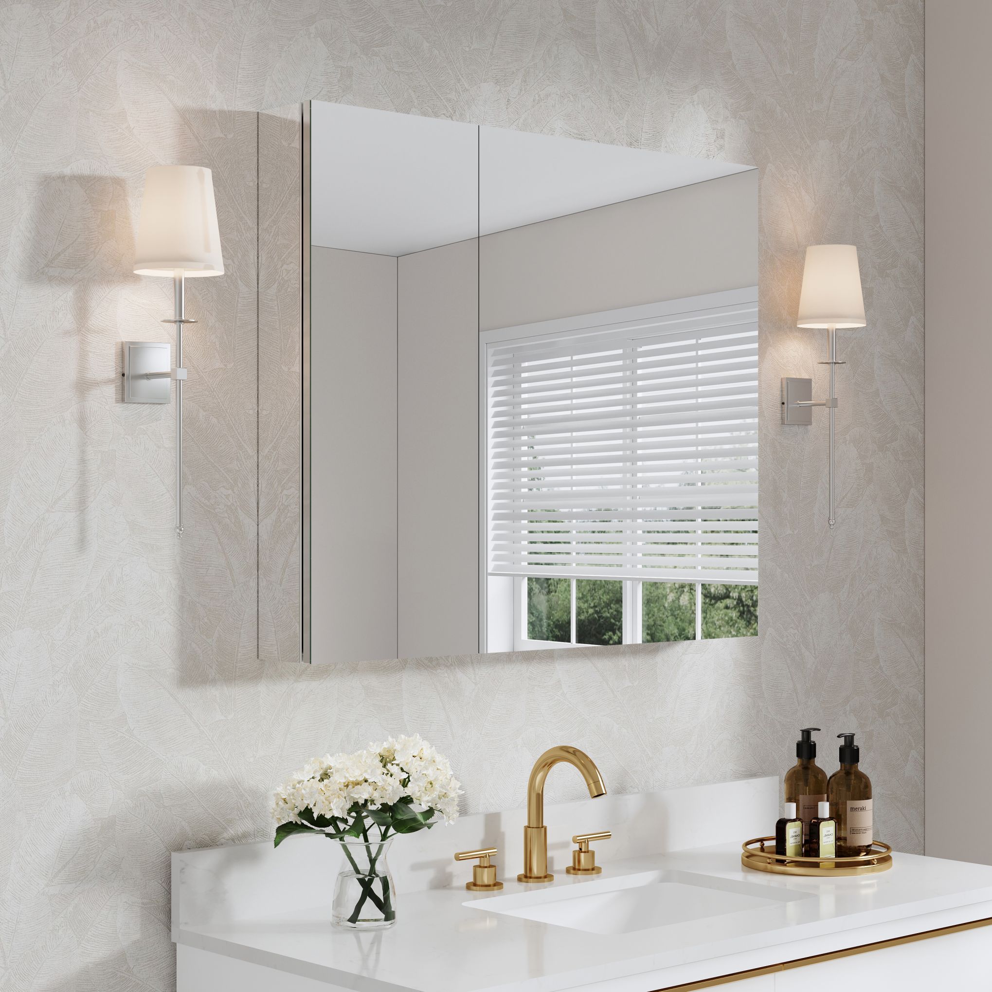 WELLFOR ROSA1224LR 36.01-in x 30-in Surface/Recessed Mount Silver Mirrored Rectangle Soft Close Medicine Cabinet