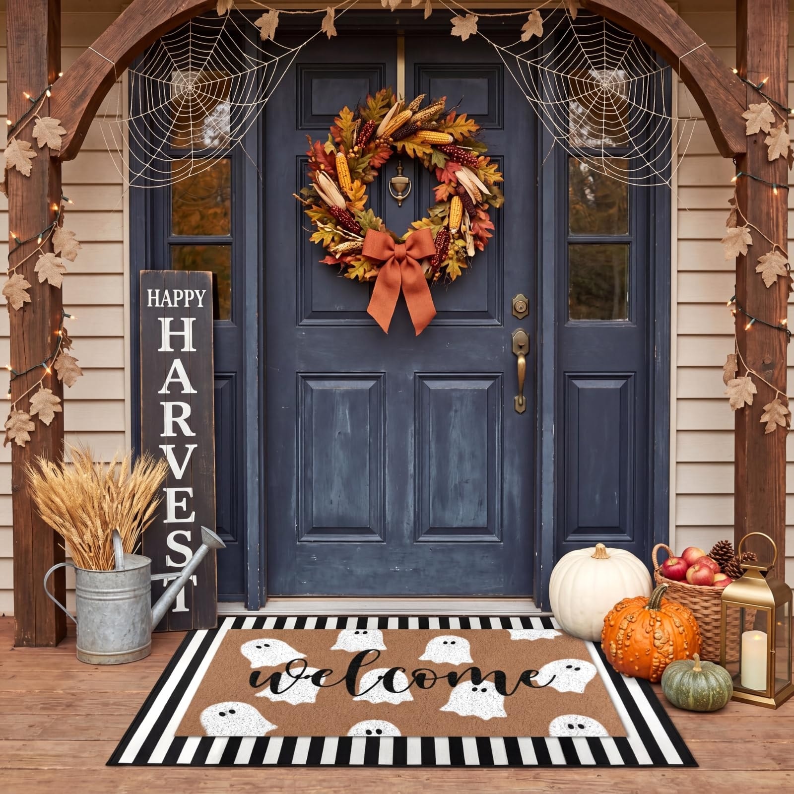 Phyfalip  2 pcs Halloween Welcome Door Mat Set Ghost Design Non Slip Coir Floor Mat Black White Stripe Outdoor Rug for Front Porch Entryway