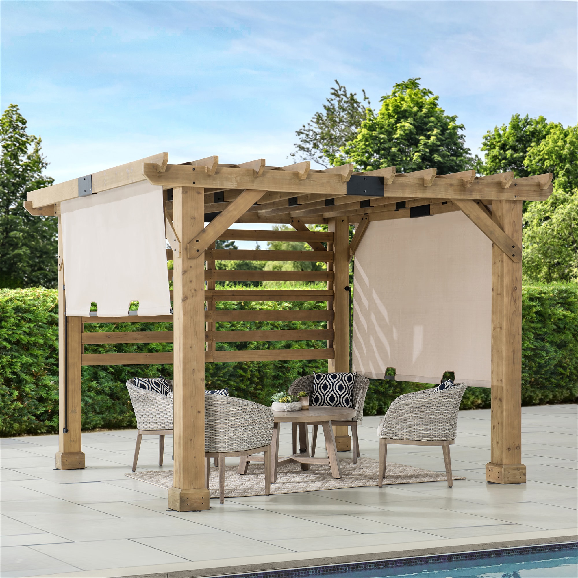 Cedar Wood 10x11 ft Pergola with Tan Adjustable Canopy