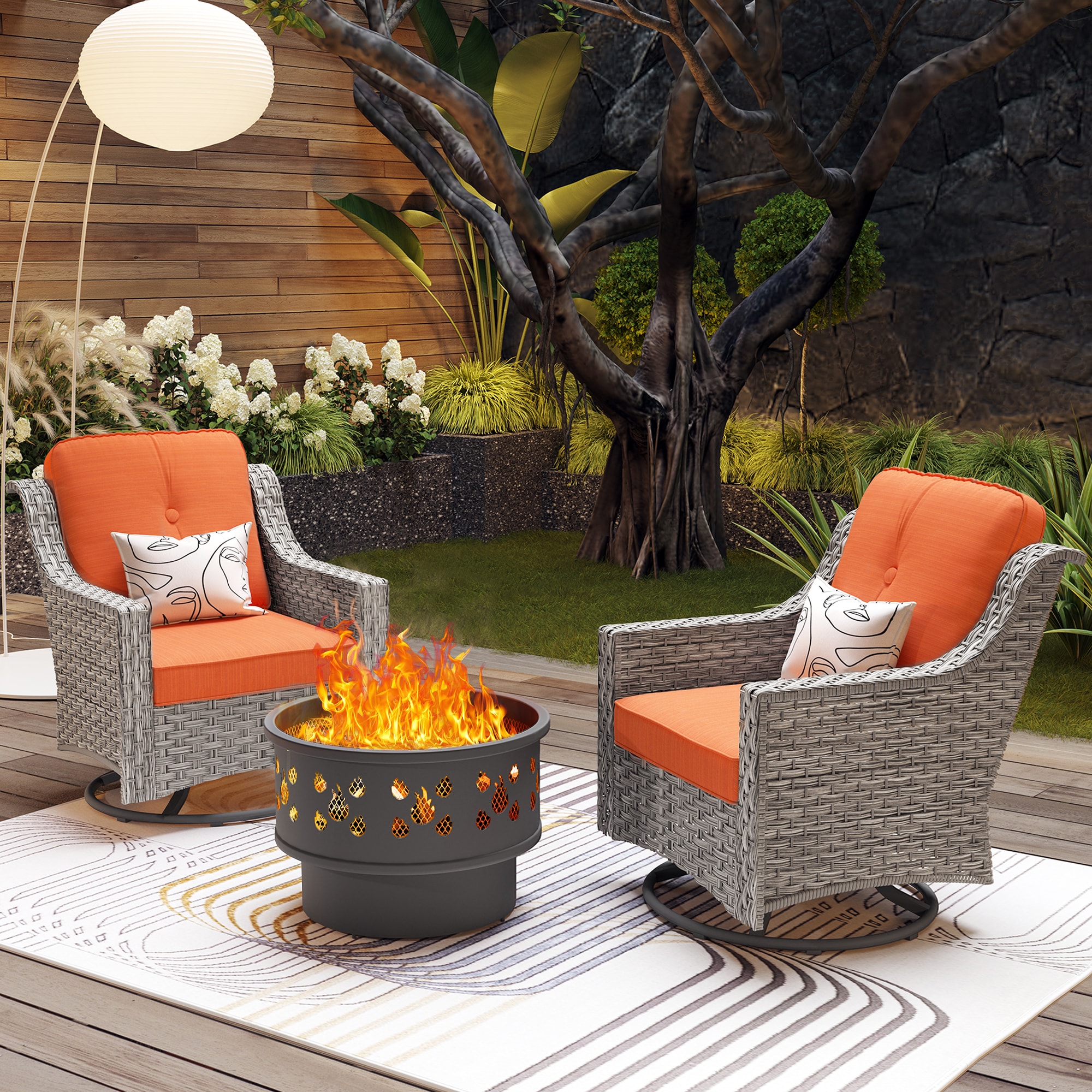 Pouuin SCFPAD803 3 -Piece Rattan Patio Conversation Set with Orange Cushions