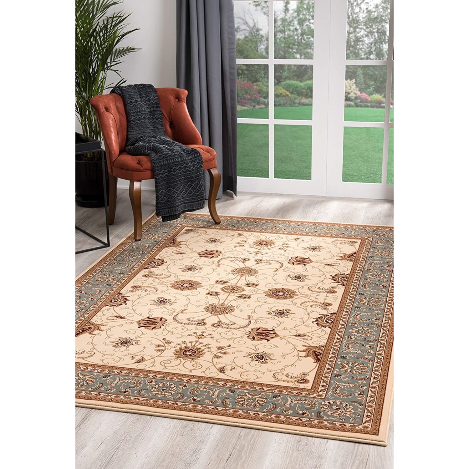 HomeRoots 4000395282 8 x 11 (ft) Olefin Cream Blue Rectangular Indoor Medallion Area rug