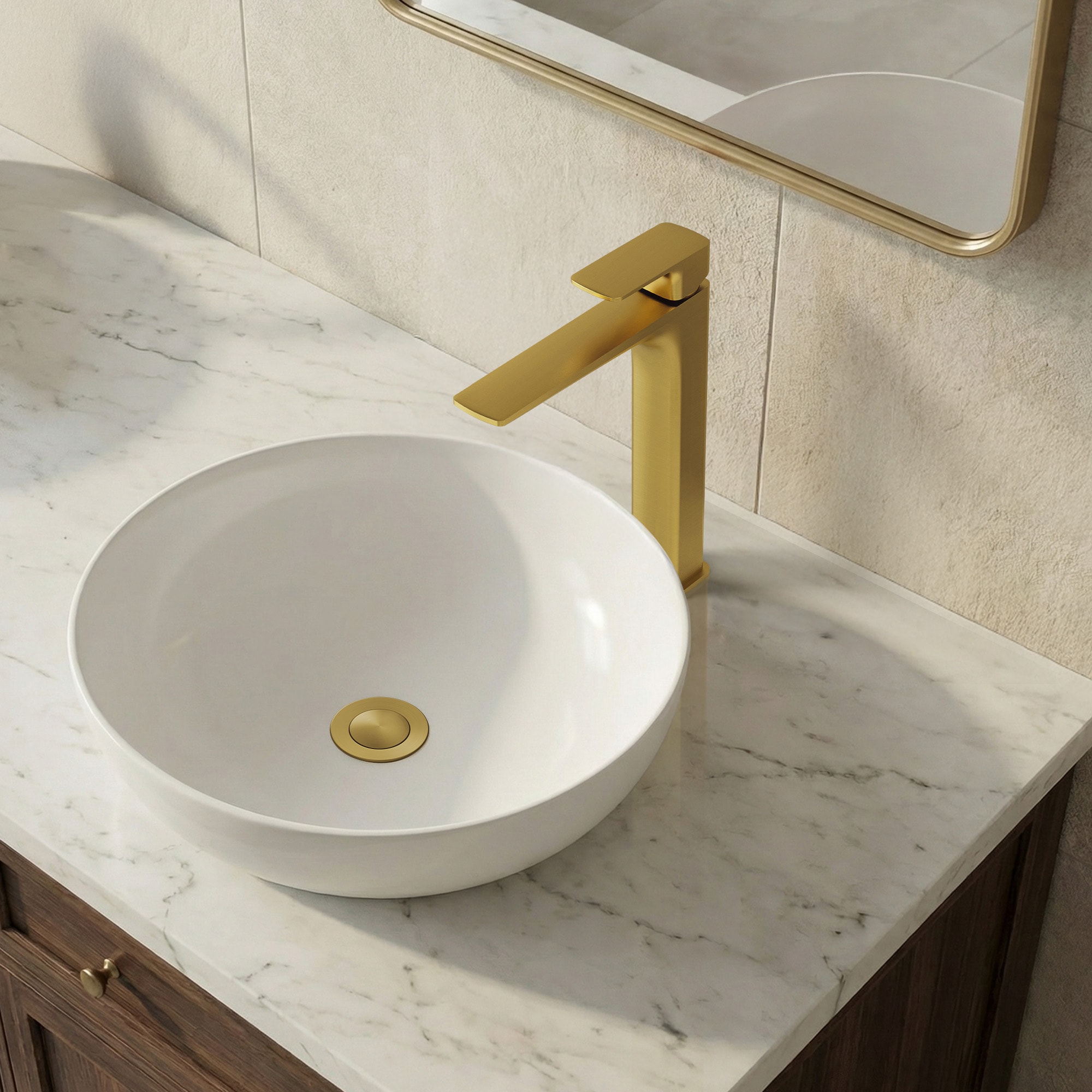 GRANDJOY - Brushed Gold Single Handle Single Hole Solid Brass Bathroom Sink Faucet with Pop Up Dr...