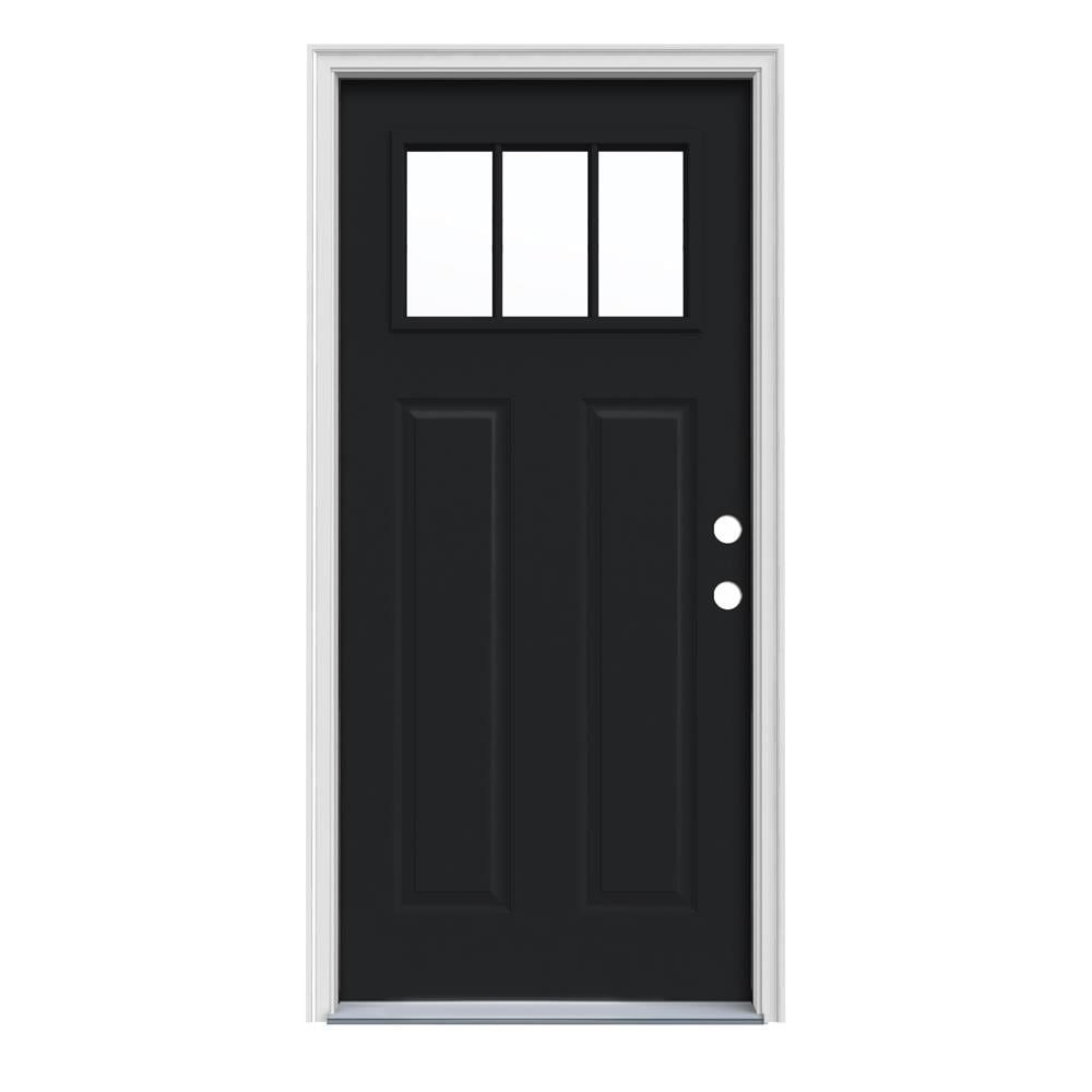 JELD-WEN LOWOLJW243900013 36-in x 80-in x 4-9/16-in Steel Craftsman Left-hand inswing Black Painted Prehung Front Door with Brickmould Insulating core