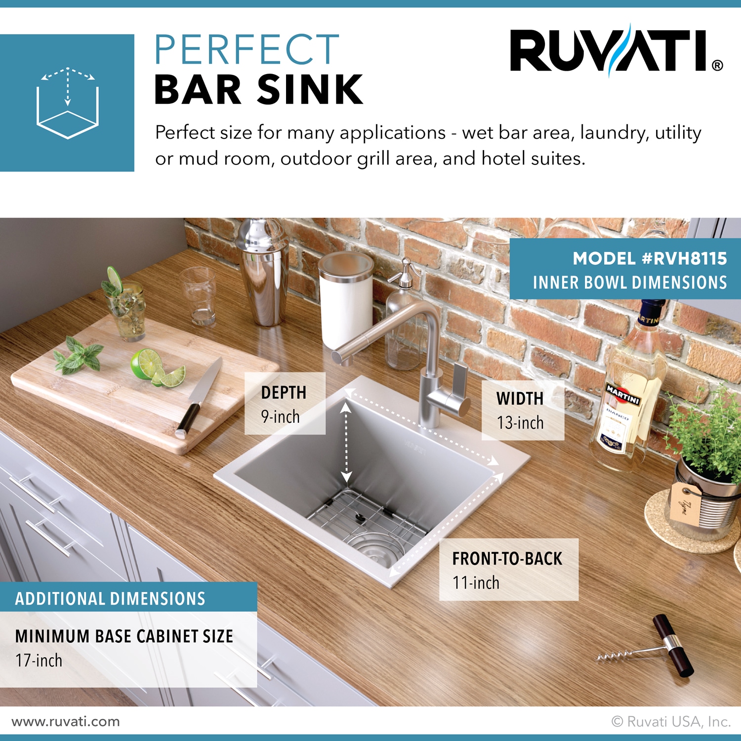 Ruvati 15" Brushed Stainless Steel Drop-In Bar Sink