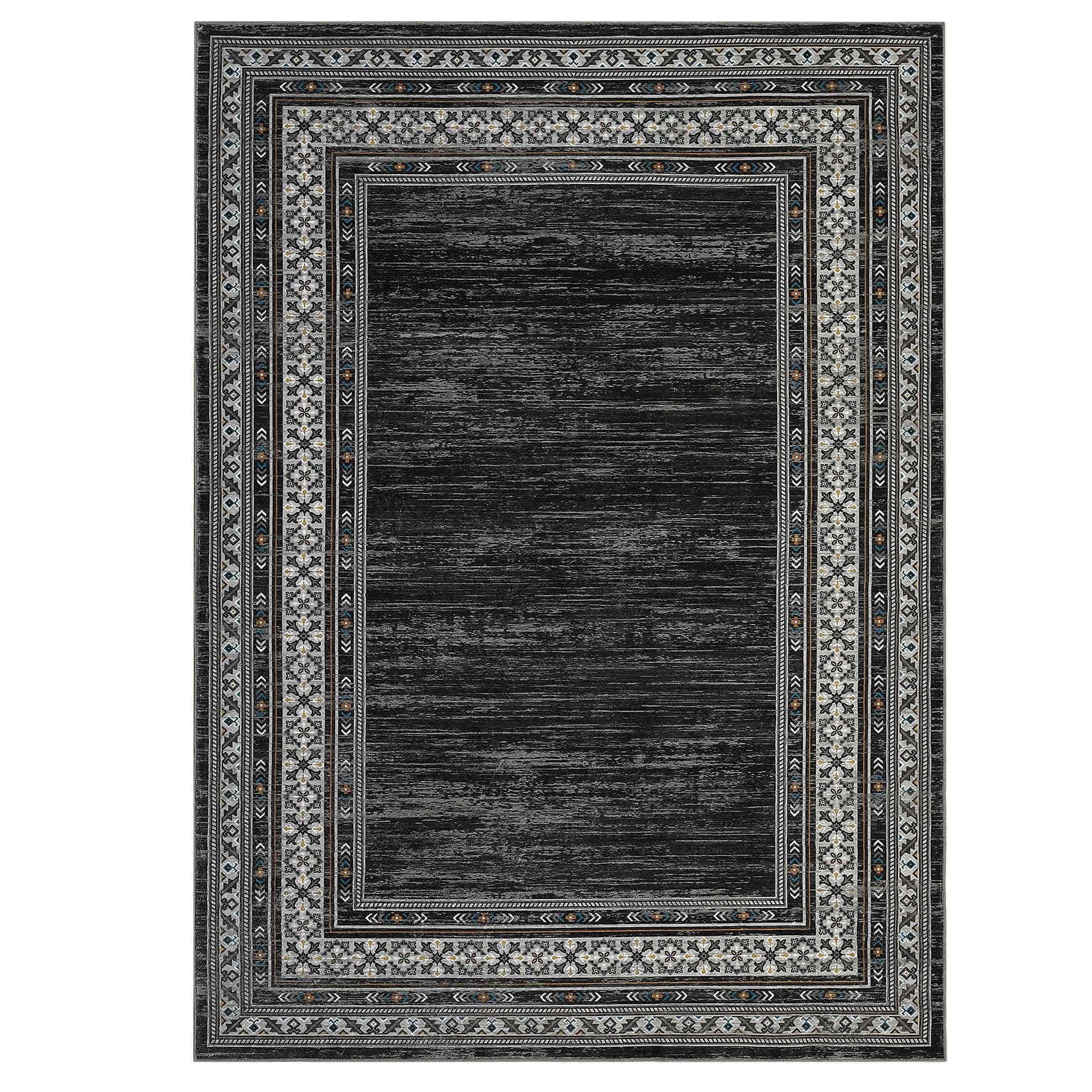 WhizMax SUNNY-PHO-16KHX1Q8 2 x 6 ft Polyester Black Rectangular Hallway Entryway Bathroom Kitchen Geometric Bordered Print Machine Washable Runner Rug