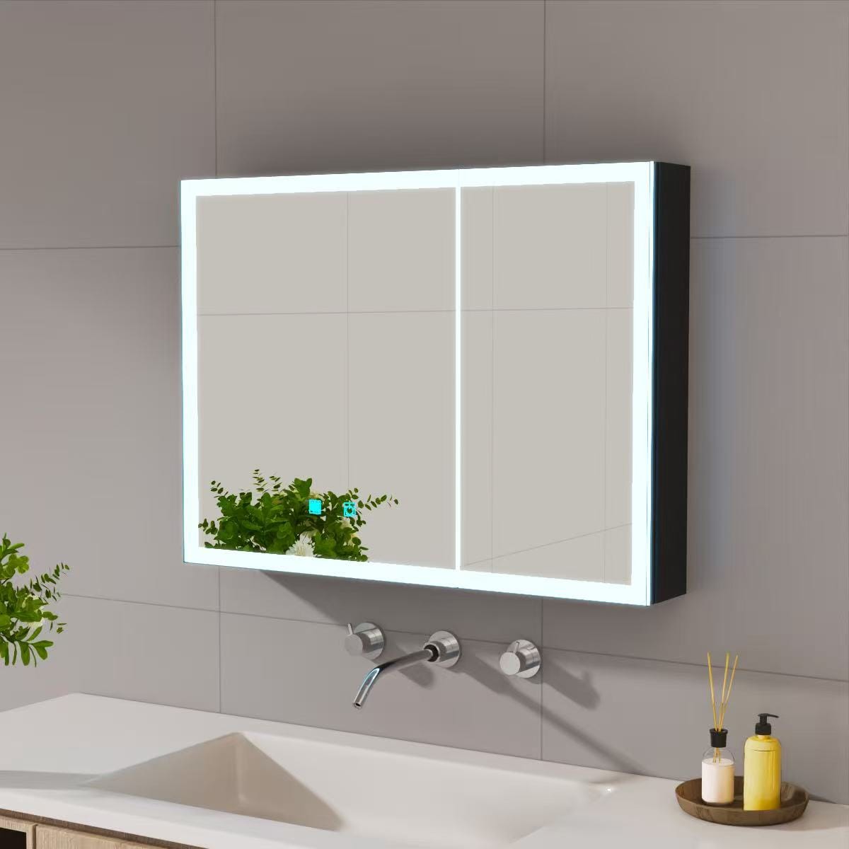 Vynxaria - 32-in W x 24-in H Rectangular White Aluminum LED Surface Mount Anti-Fog Medicine Cabin...