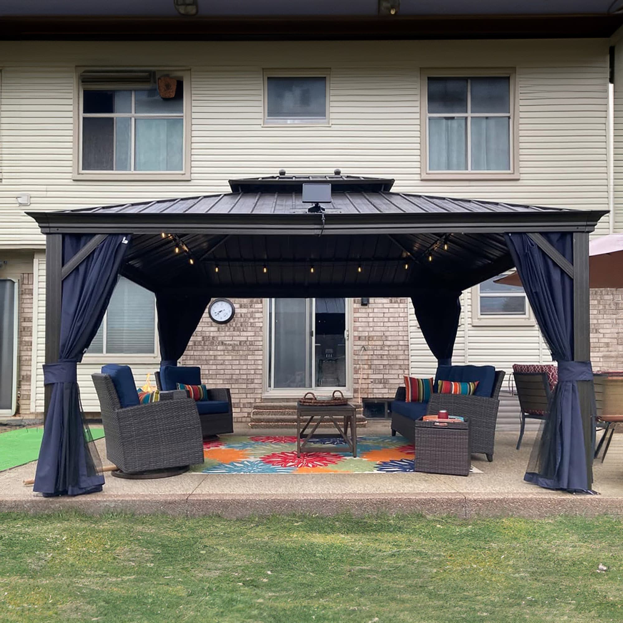 PURPLE LEAF LSMHS1214NB-H 14-ft x 12-ft Hardtop Gazebo Navy Blue Gazebo with Hardtop Roof (Screen Included)