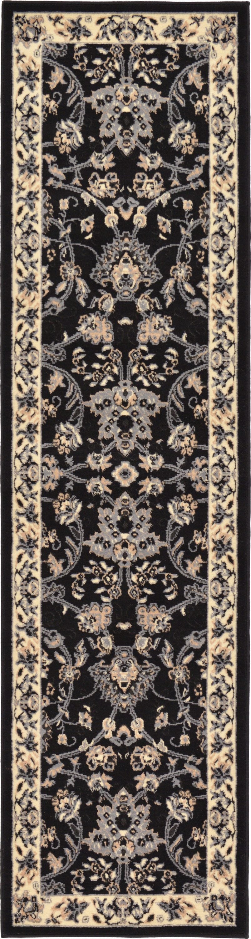Black and Beige Floral Synthetic Runner Rug