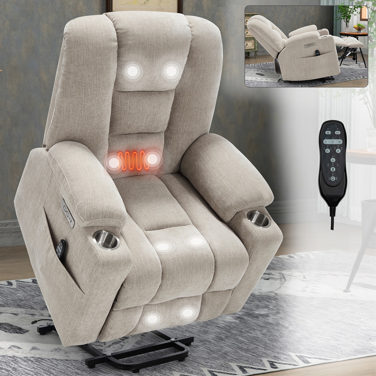 GZMR GZ-W1803RC69 Power Lift Recliner Chair with Massage and Heat for Elderly Beige Chenille Powered Reclining Recliner with Lift Assistance