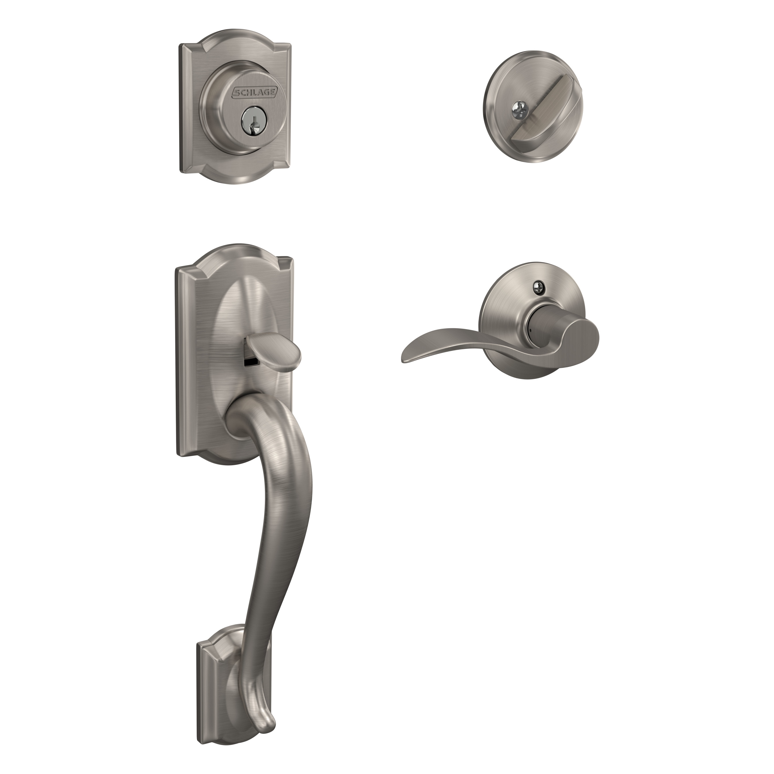 Schlage F60 V CAM 619 ACC Camelot Satin Nickel Single-Cylinder Keyed Entry Door Handleset with Accent Lever