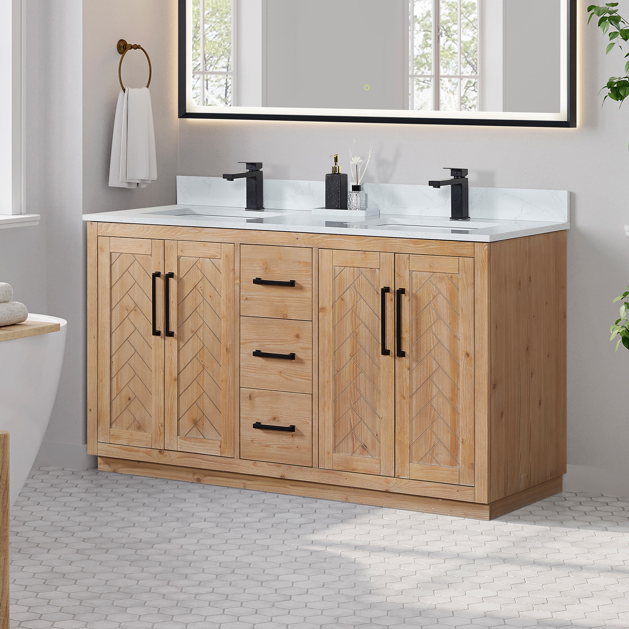 Anais 60" Light Brown Wood Vanity with White Stone Top