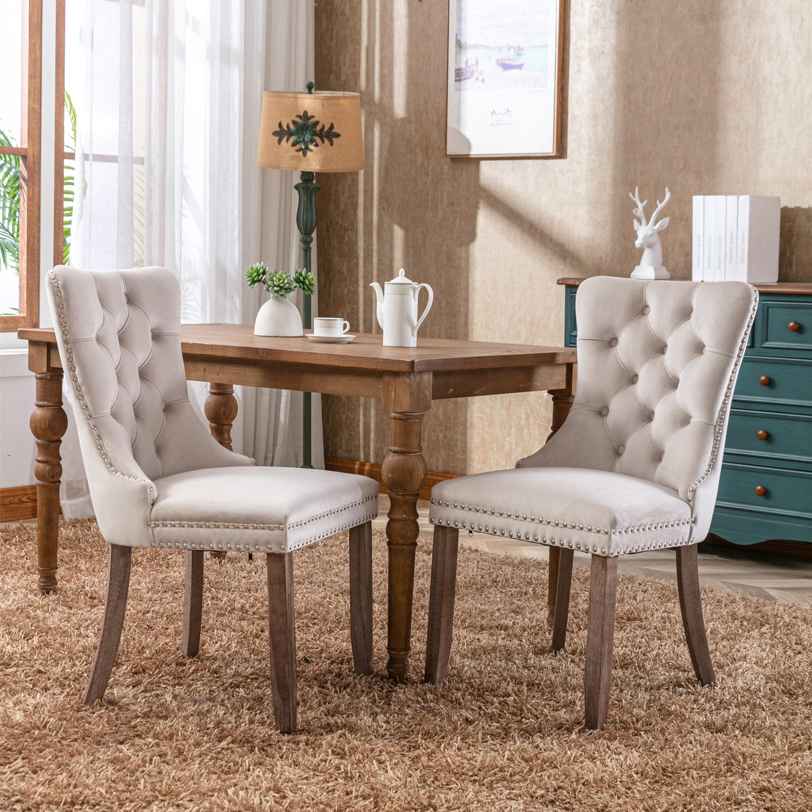 Dexmalle  Beige Set of 2 Dining Chair with Nailhead Trim