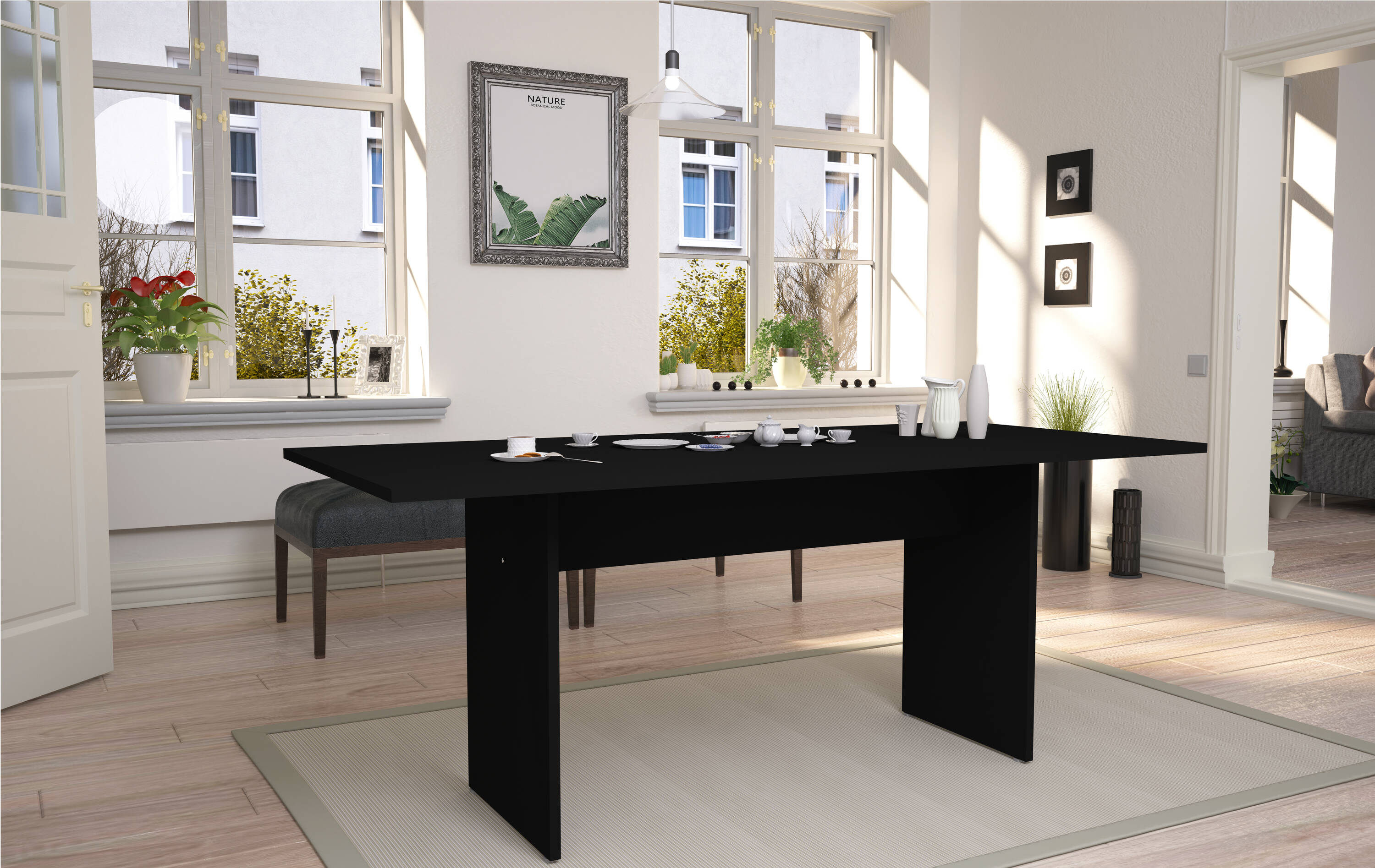 Manhattan Comfort 122GMC2 Black Contemporary/Modern Dining Table, MDF with Black Composite Trestle Base 67.91-in L x 29.92-in H