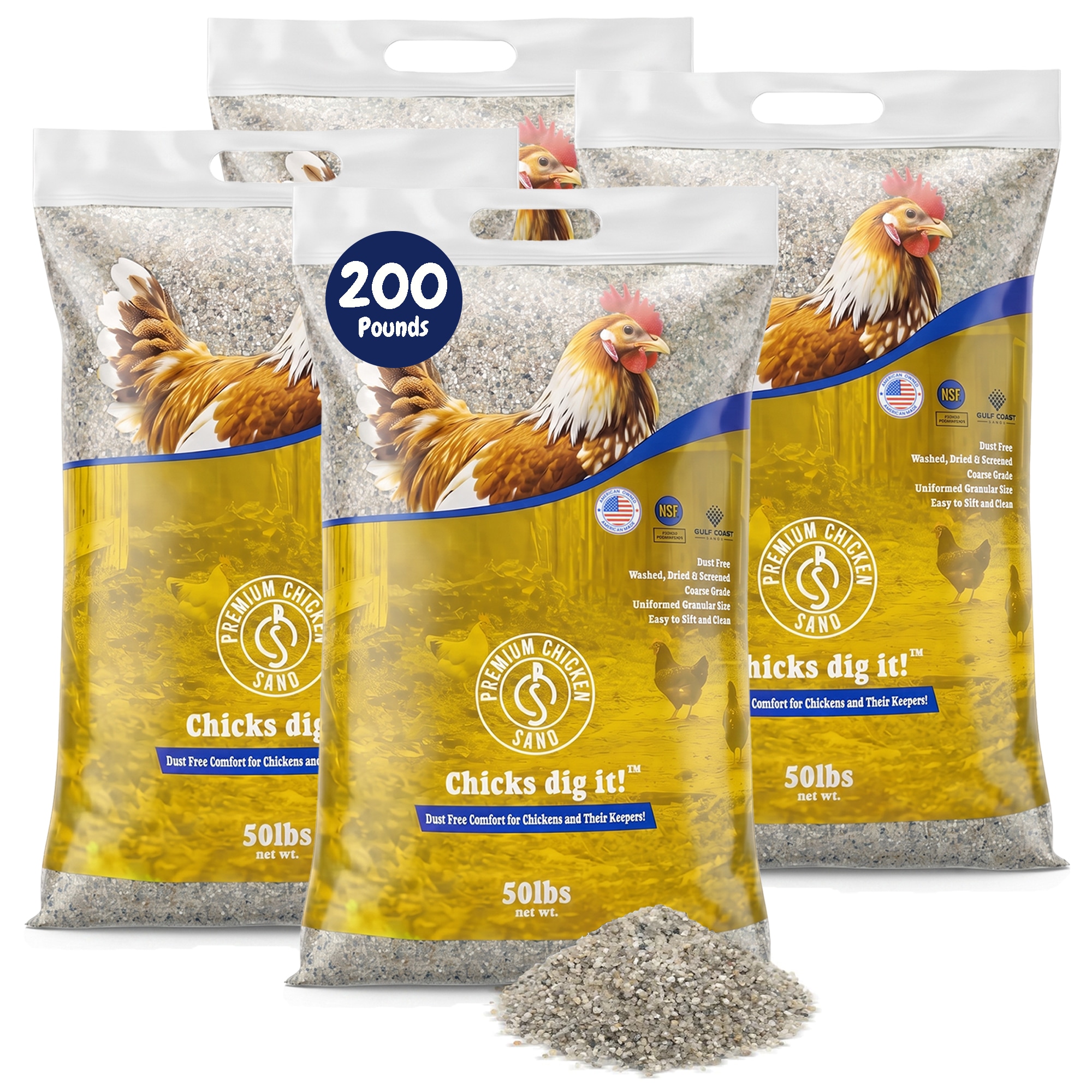 Premium Chicken Sand  Odor Eliminating Bedding for Coops 50 Lb Bag 4 Pack