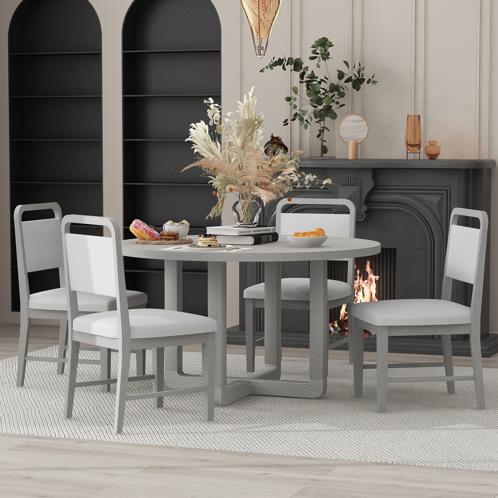 ModernLuxe ST000126AAE 5Piece Round Dining Table Set for 4 with Upholstered Chairs Wood Dining Table Set with Radial Wood Grain Design Top for Dining Room and Kitchen Antique Gray