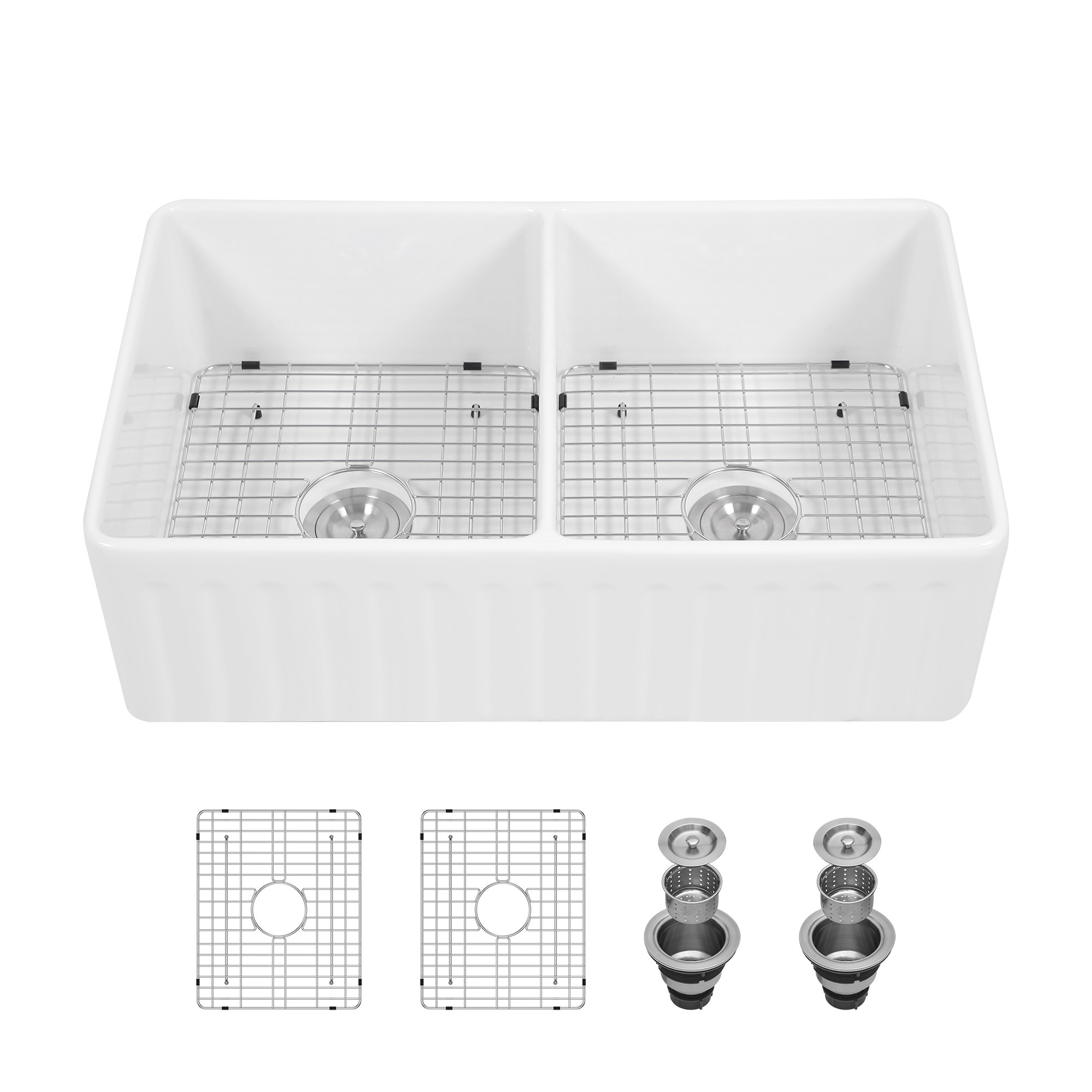 LIVACA 33 inch White Ceramic Porcelain Double Bowl Farmhouse Kitchen Sink with Reversible Design