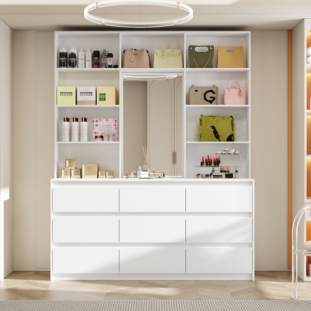 Homsee Modern 9 Drawers Closet Dresser System with A Mirror and Open  Shelves for Bedroom Living Room or Dressing Area 63''L x 15.7''W x 78.5''H  White in the Dressers department at Lowes.com