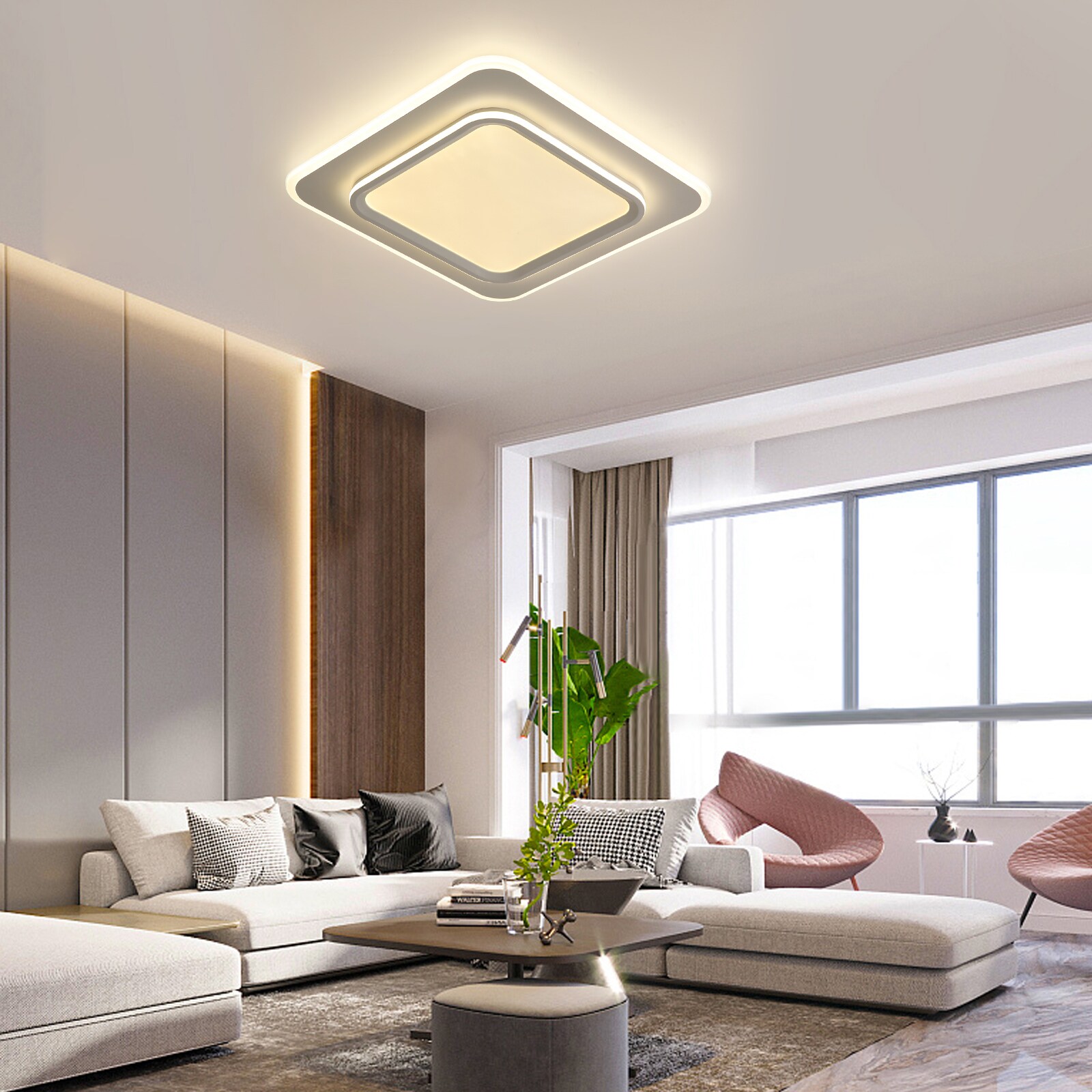 Oukaning JZUCK5N4NSHCX Square 3-Color 19.68-in 1 -Light 19.68-in Brushed White Integrated LED Flush Mount Light