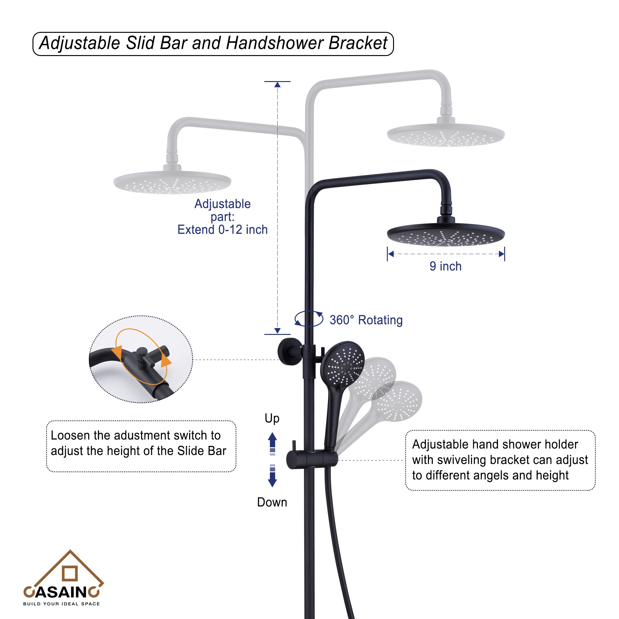 CASAINC Matte Black 9-in Shower Faucet Bar System with 2-way Diverter ...