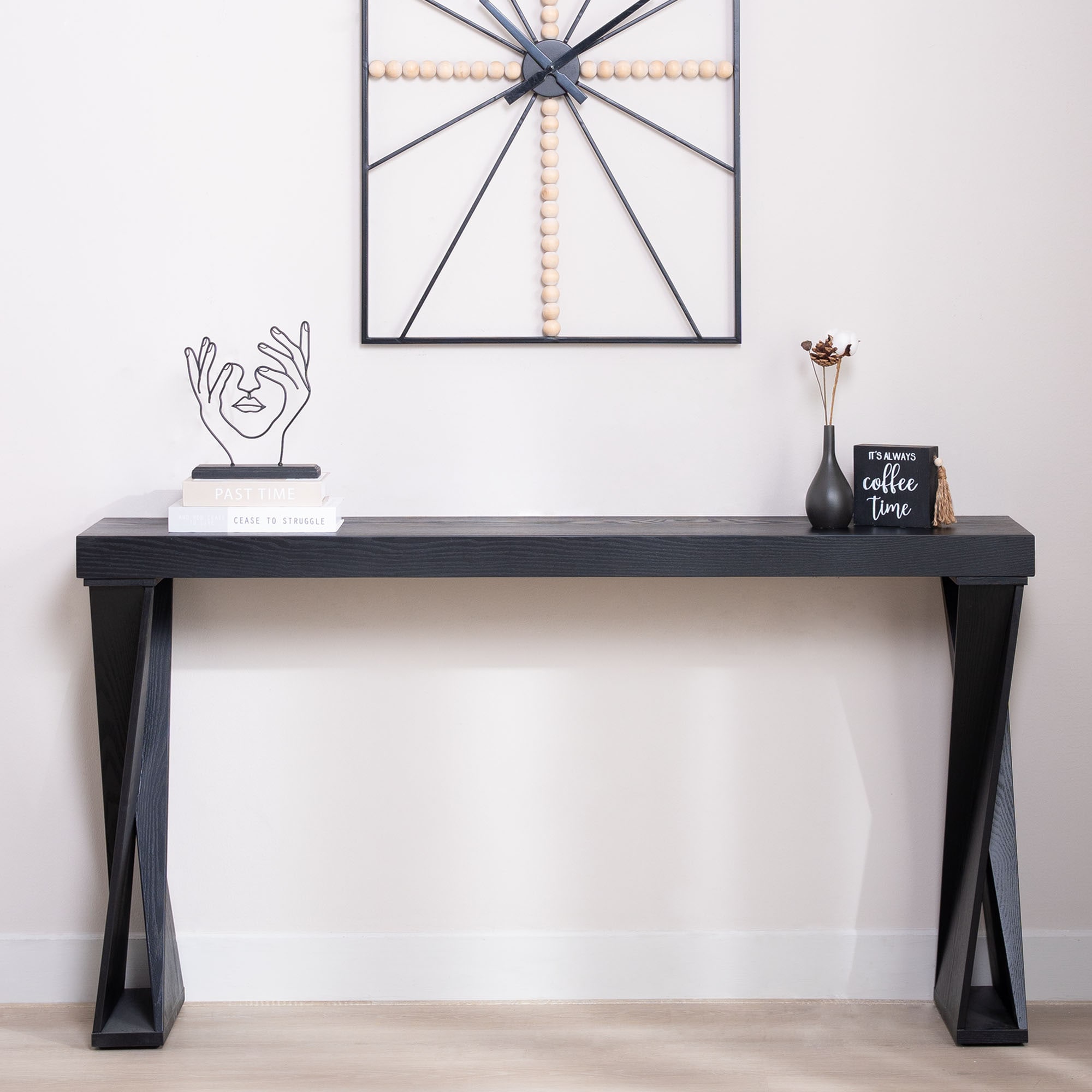 Vynxaria 58-in Black Rectangular Wood Console Table with open profile ...