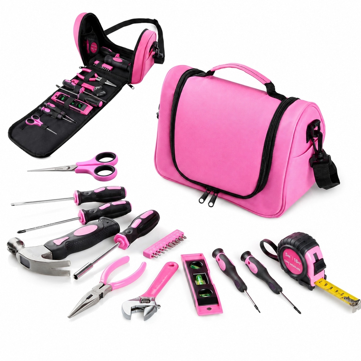 Phyfalip  Pink Tool Set Tool Bag for Women with Shoulder Strap Basic Tool Kit 21 Pieces Portable Tool Pouch with Zipper for Home Dorm Office DIY