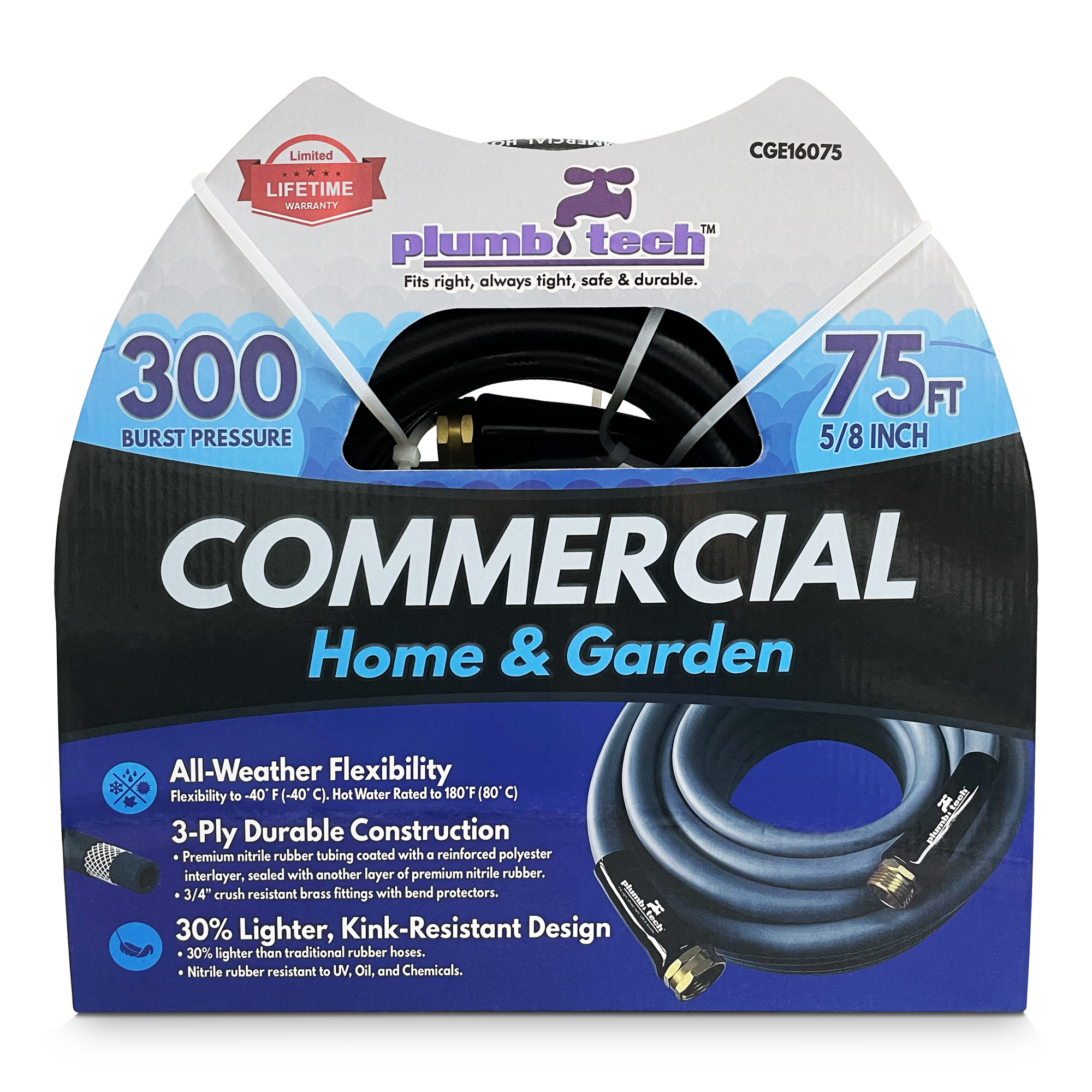 Plumb Tech Commercial 5/8-in x 75-ft Heavy -Duty Kink Free Rubber and vinyl Black Hose