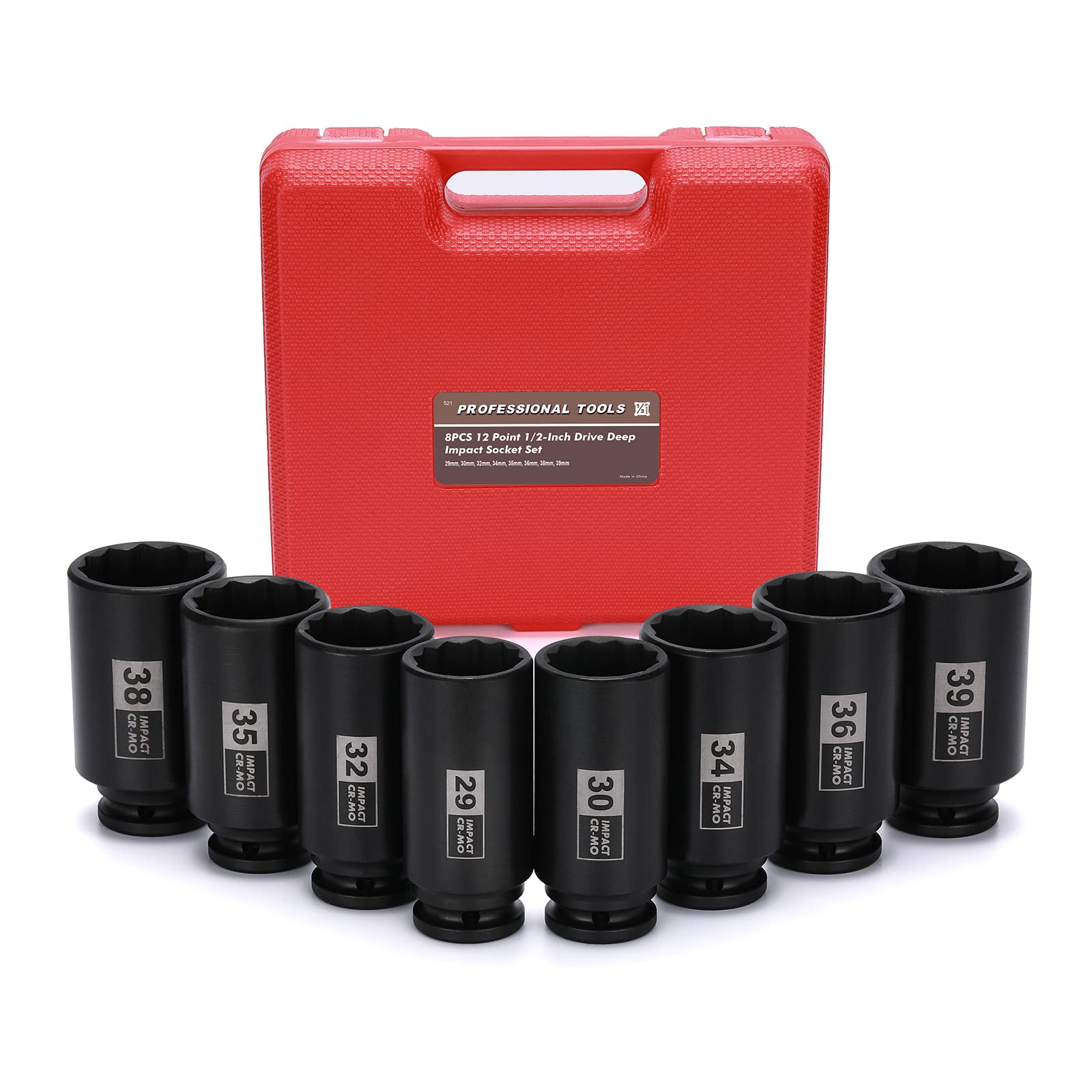 LAIFUCAM  8 Piece Deep Axle Nut Impact Socket Set 12 Point Design Metric Sizes 29mm 30mm 32mm 34mm 35mm 36mm 38mm 39mm 1/2 Inch Drive