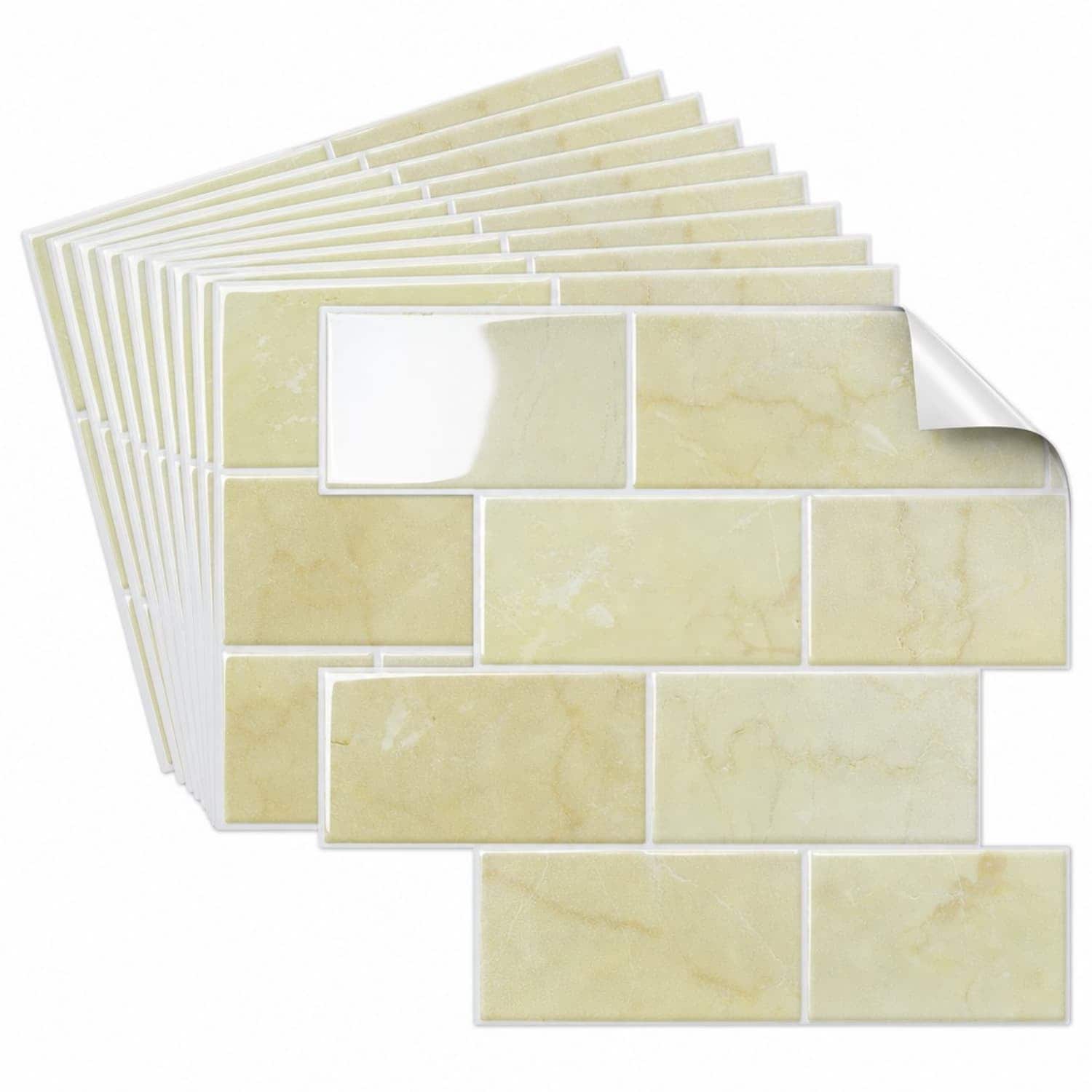 OGETFUUR 10-Sheet 12.6in W x 10.6in H Faux Yellow Travertine Subway Peel and Stick Vinyl Wall Tile