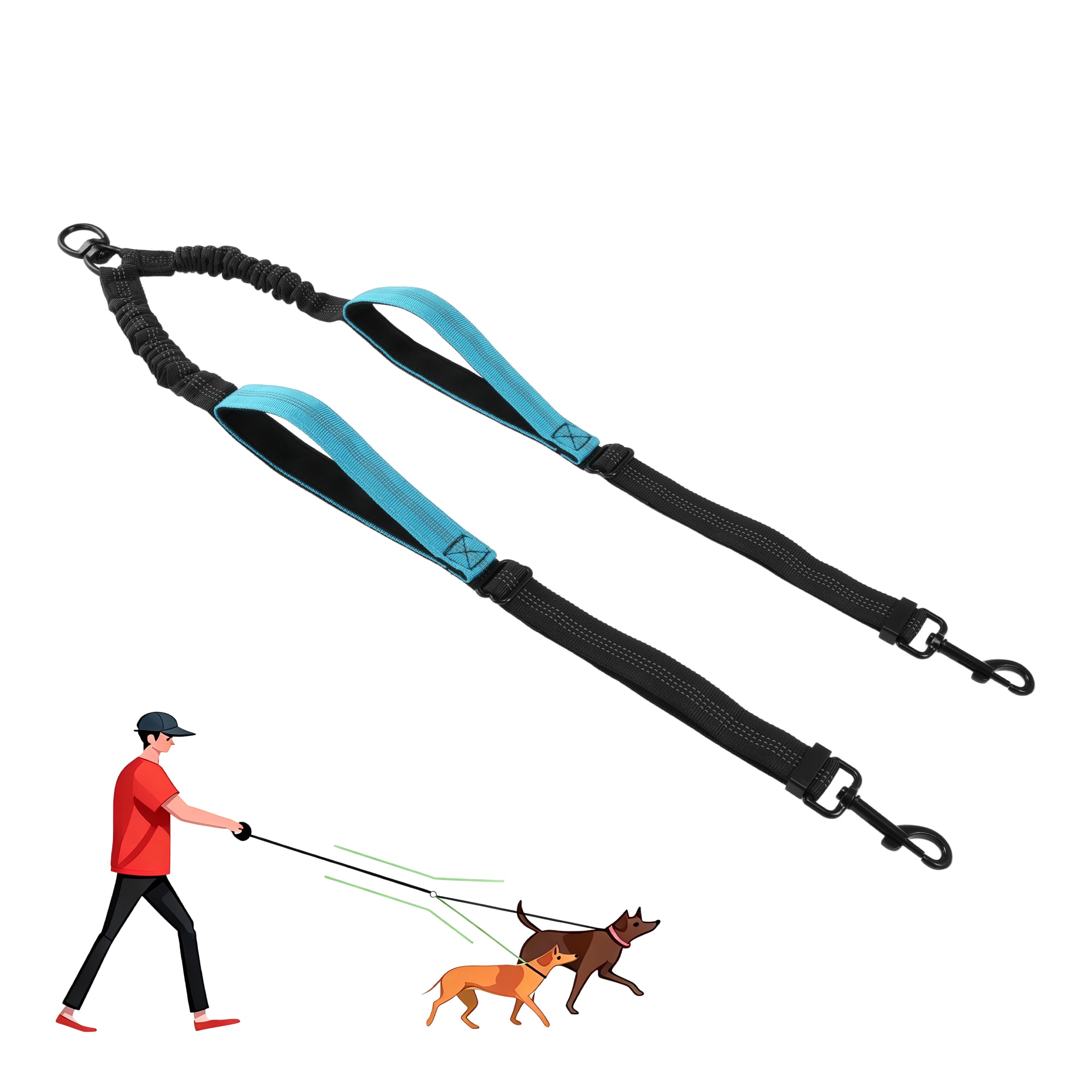 Double Dog Leash No Tangle Dual Leash for Two Dogs with Adjustable Long Rope and Dual Control Handles Design for Training Pets Sky Blue