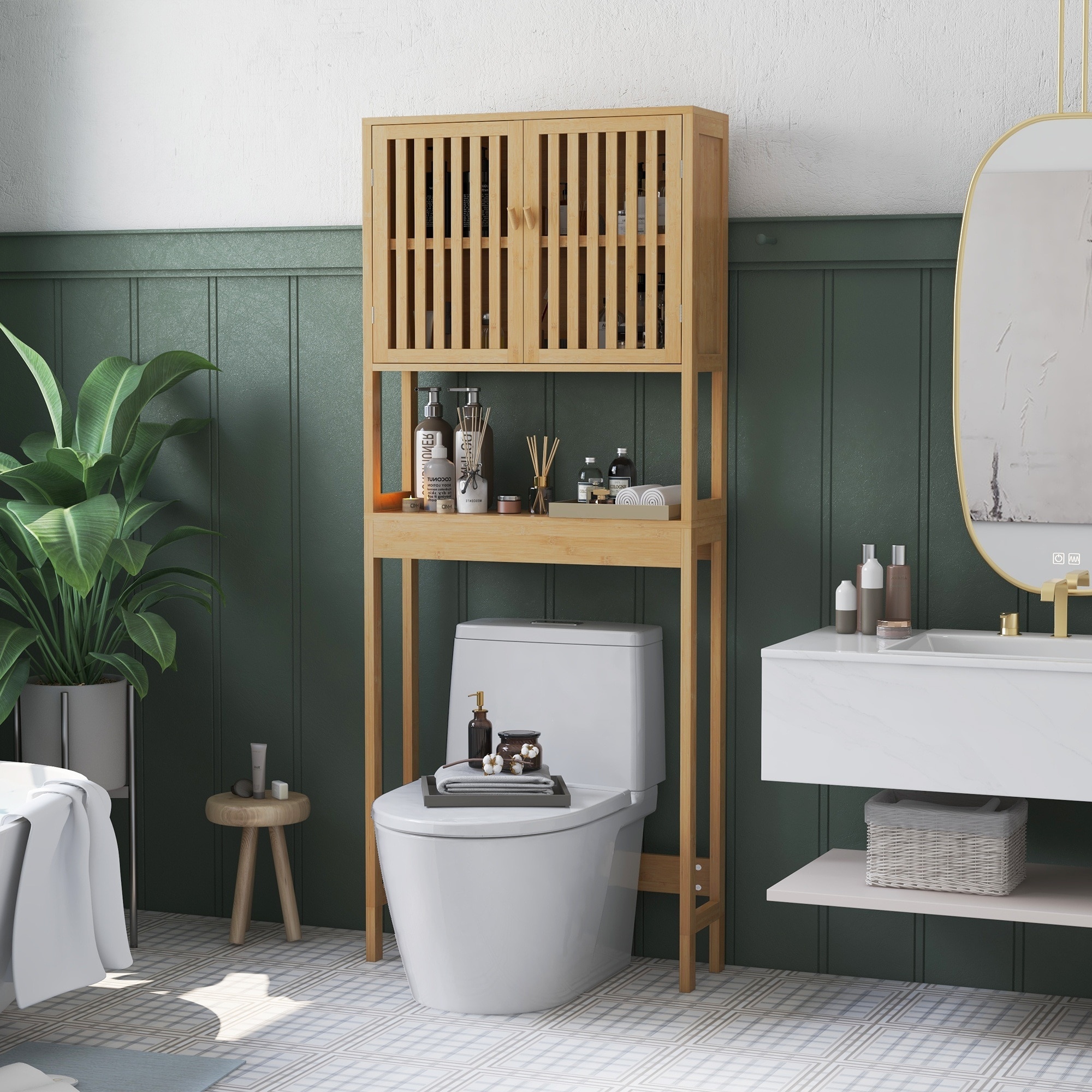 LIVACA 24 inch Natural Wood Bamboo Over the Toilet Storage Cabinet with Slatted Doors and Adjustable Shelf