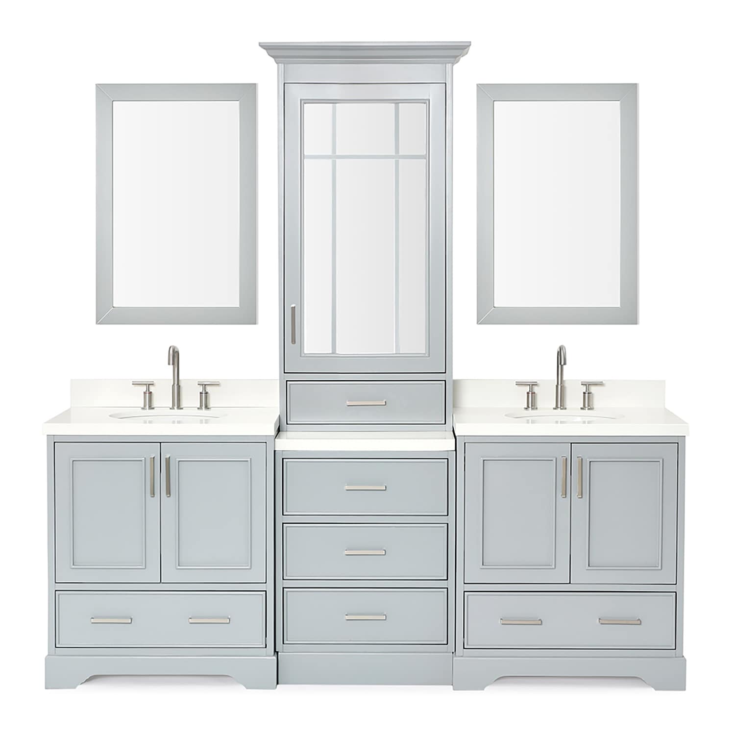 J & D Kitchen Distributors, Inc. - These vanities are separated by an extra  deep tall linen cabinet with tons of extra storage! And I just love the  tile backsplash all the