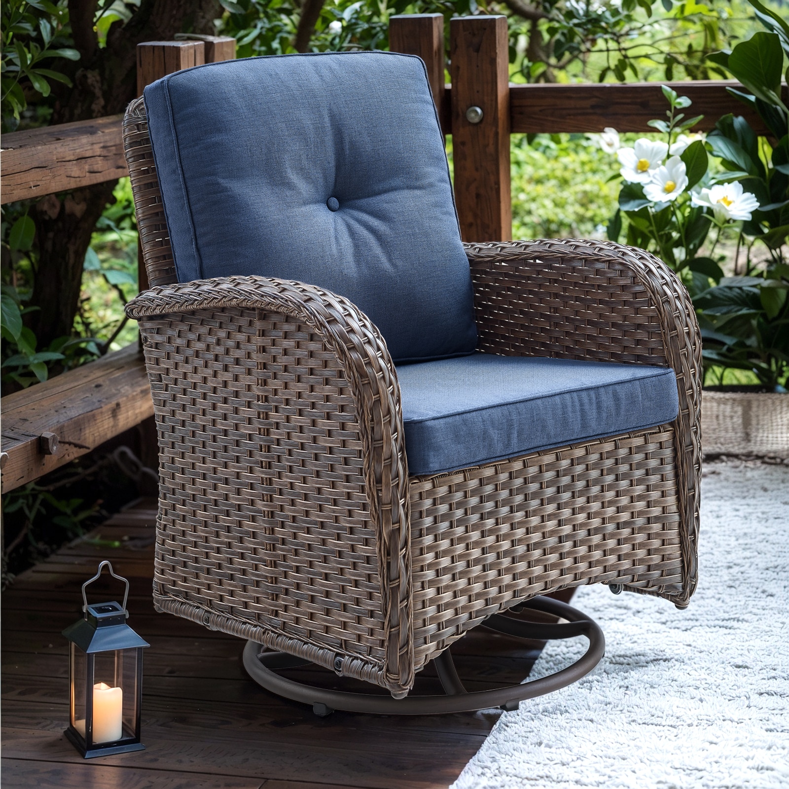 Jeehope PABR20-1A PAnorama Series Wicker Brown Steel Frame Swivel glider Conversation Chair with Navy Cushioned Seat