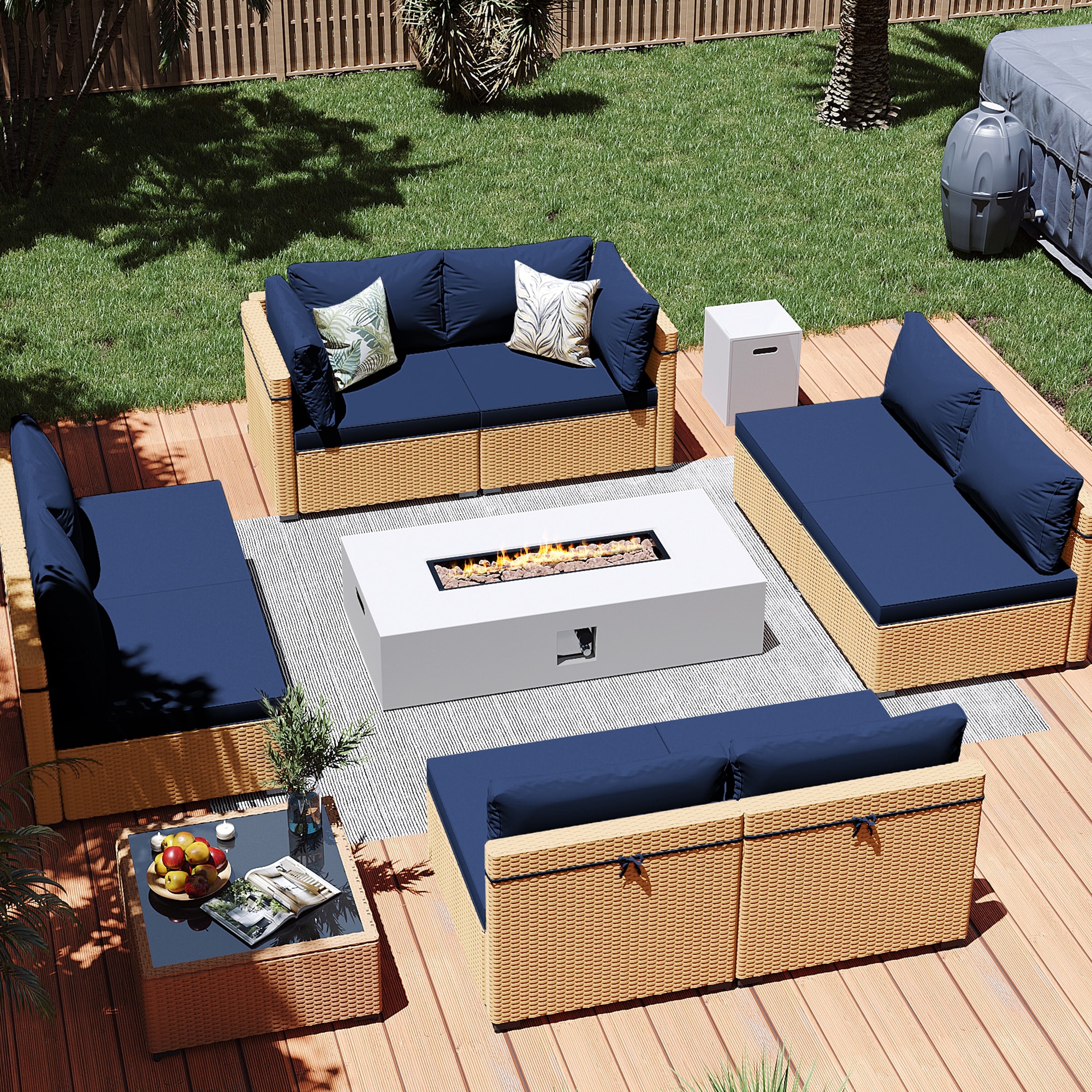 Patio Watcher LS-RT9-KD56WH-Y2 10 -Piece Rattan Patio Conversation Set with Blue Cushions