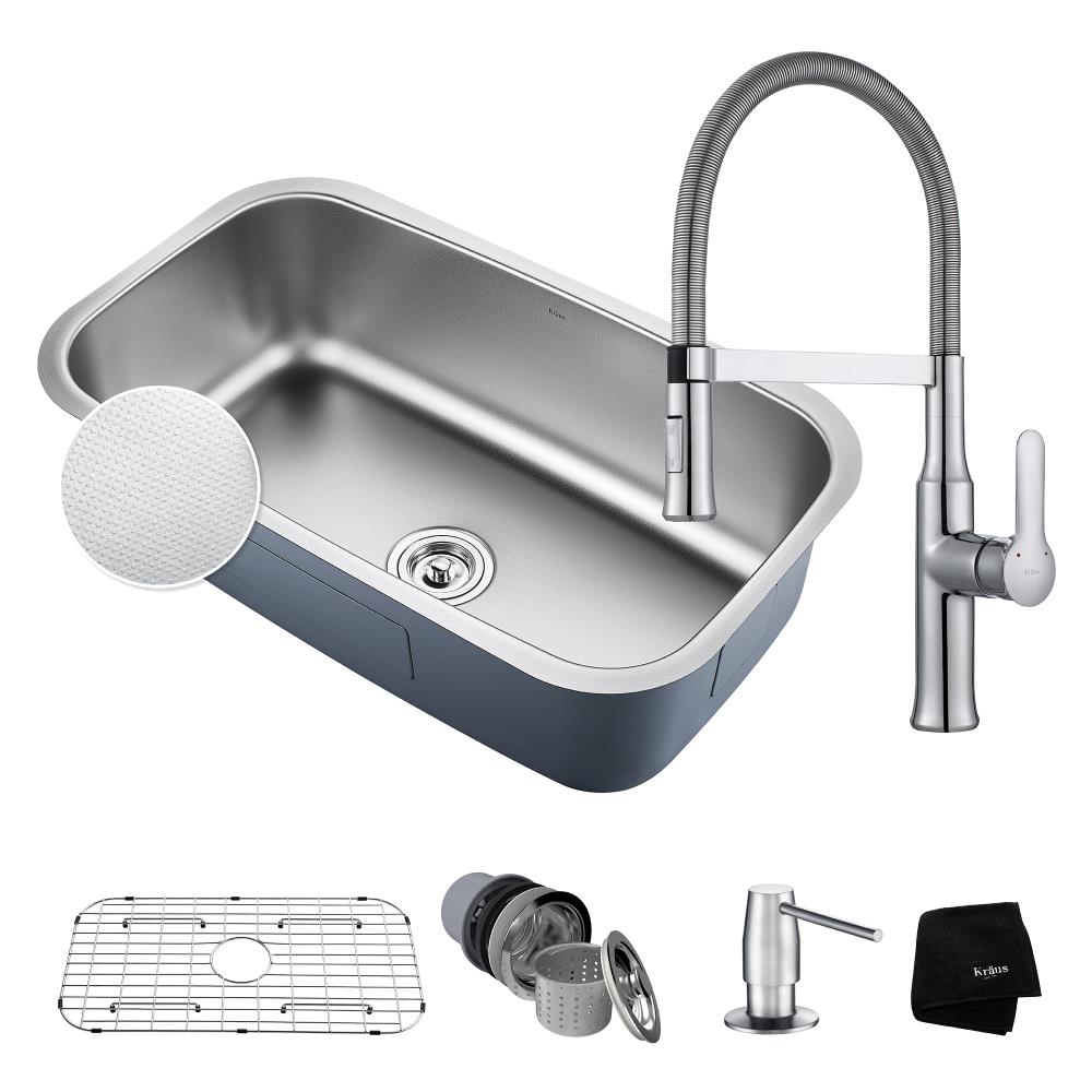 Kraus KBU14E-1640-42CH Outlast Undermount 31.5-in x 18.38-in Embossed Stainless Steel Single Bowl Kitchen Sink All-in-one Kit