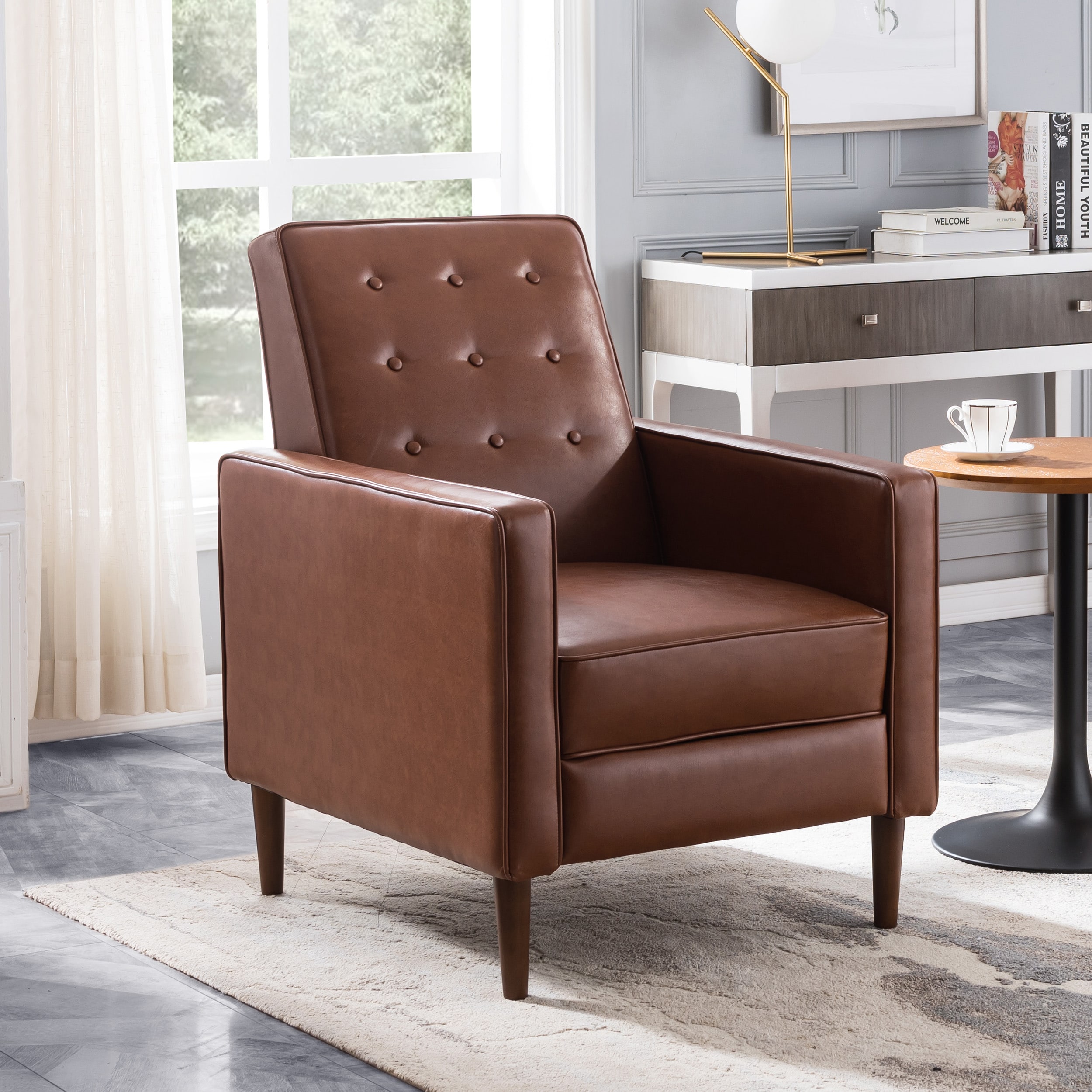 Cognac Brown Faux Leather Mid-Century Modern Recliner
