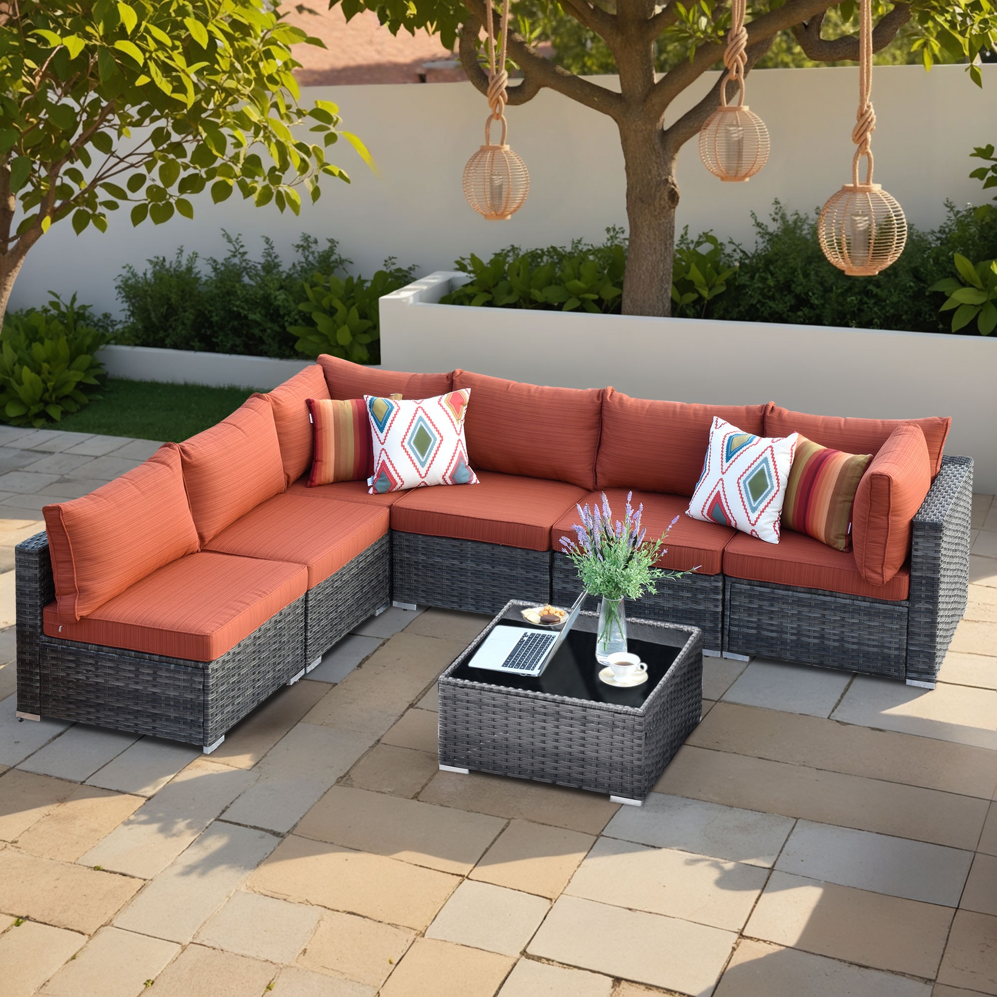 Pouuin SHOP807 Wicker Outdoor Sectional with Orange Cushions and Wicker Frame