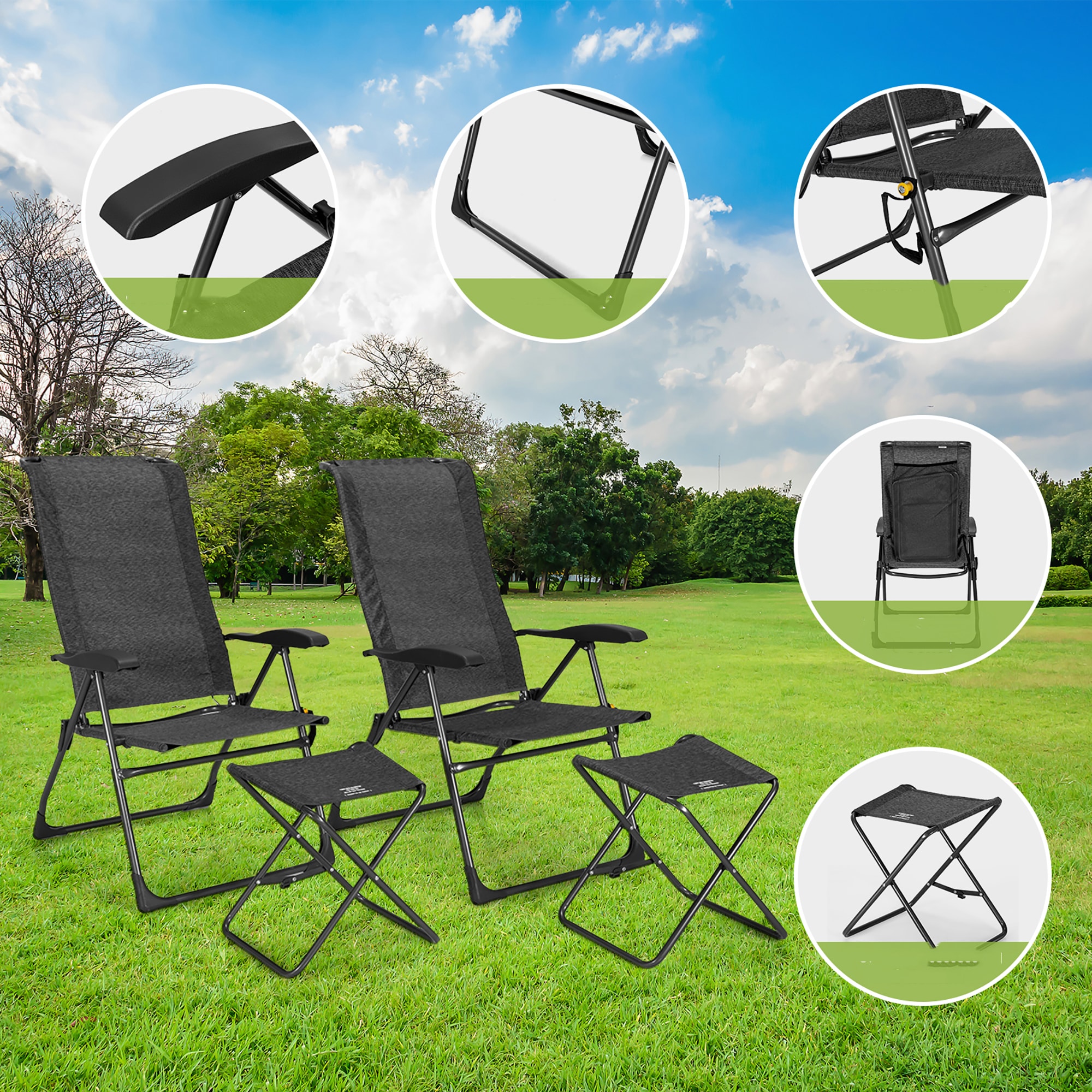 Gray Steel Folding Outdoor Patio Chair Set with Ottomans