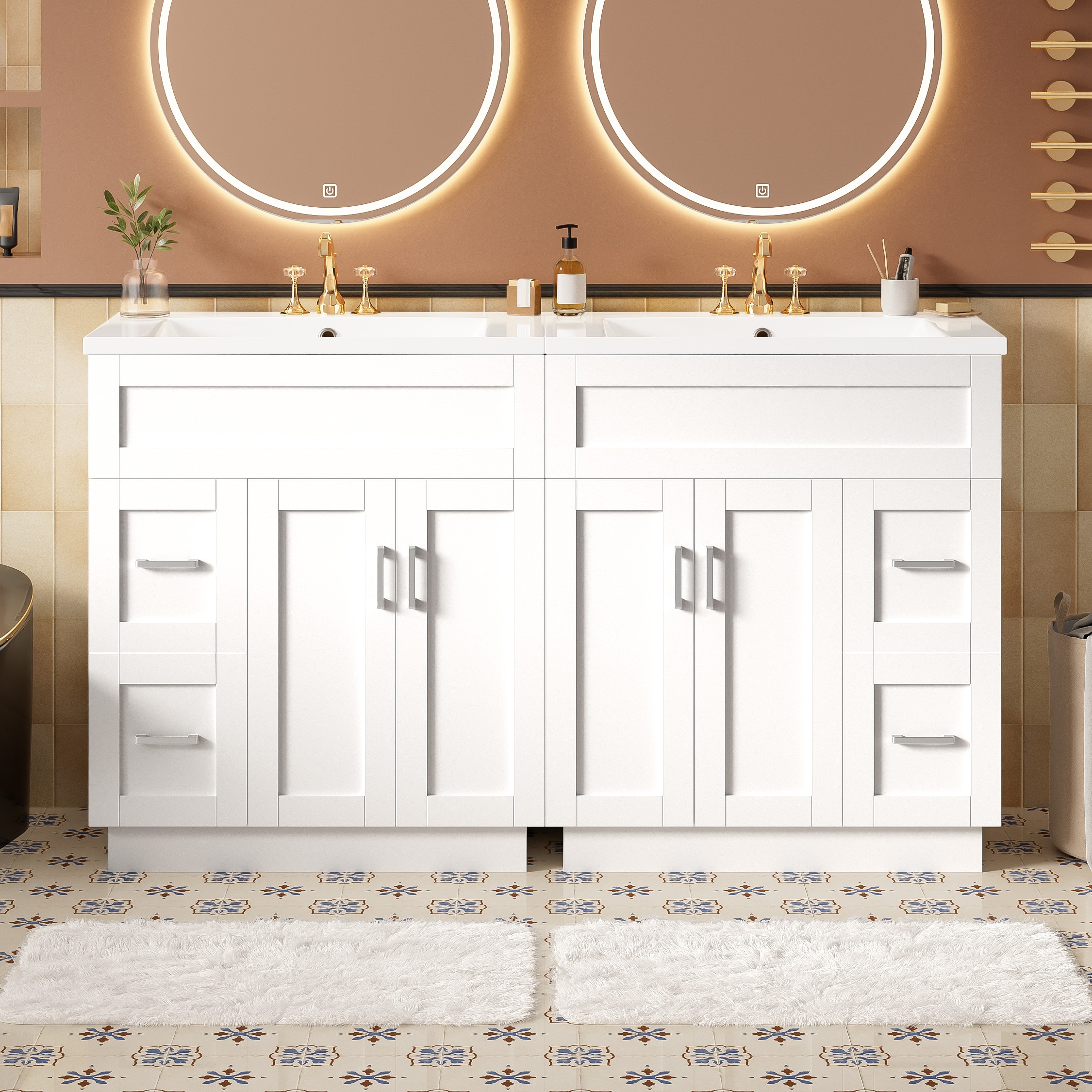 Huluwat 60-Inch Bathroom Vanity with 4 Cabinet Doors 4 Drawers 2 Adjustable Shelves Dual SMC Resin Sinks Hidden Soft-Close Drawers and Soft-Close Hinges