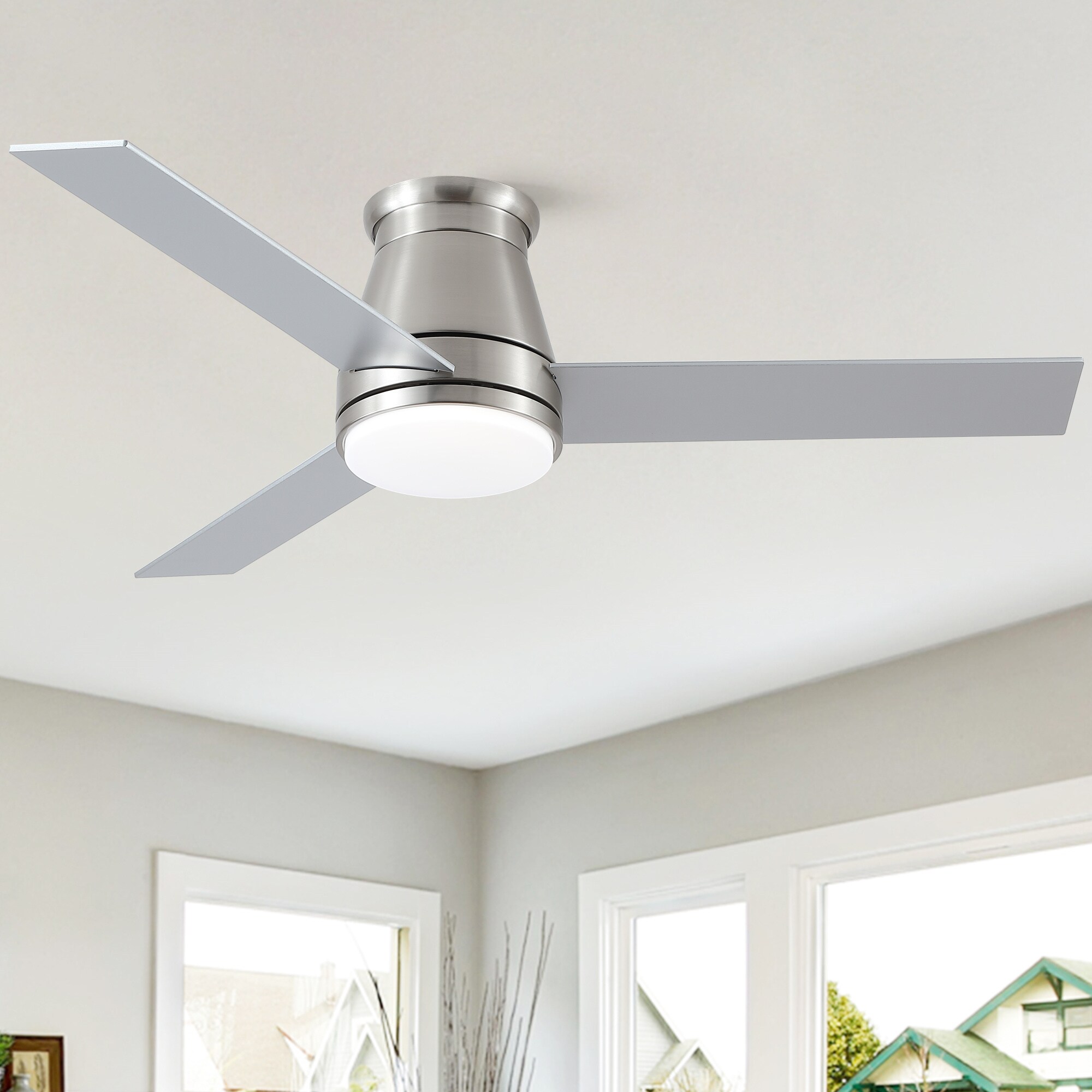 BABOOM BOM-5957ORYU 48-in Color-Changing Integrated LED Flush Mount Brushed Nickel with Plywood Blades Ceiling Fan With Light - Remote Included ( 3 -Blade )